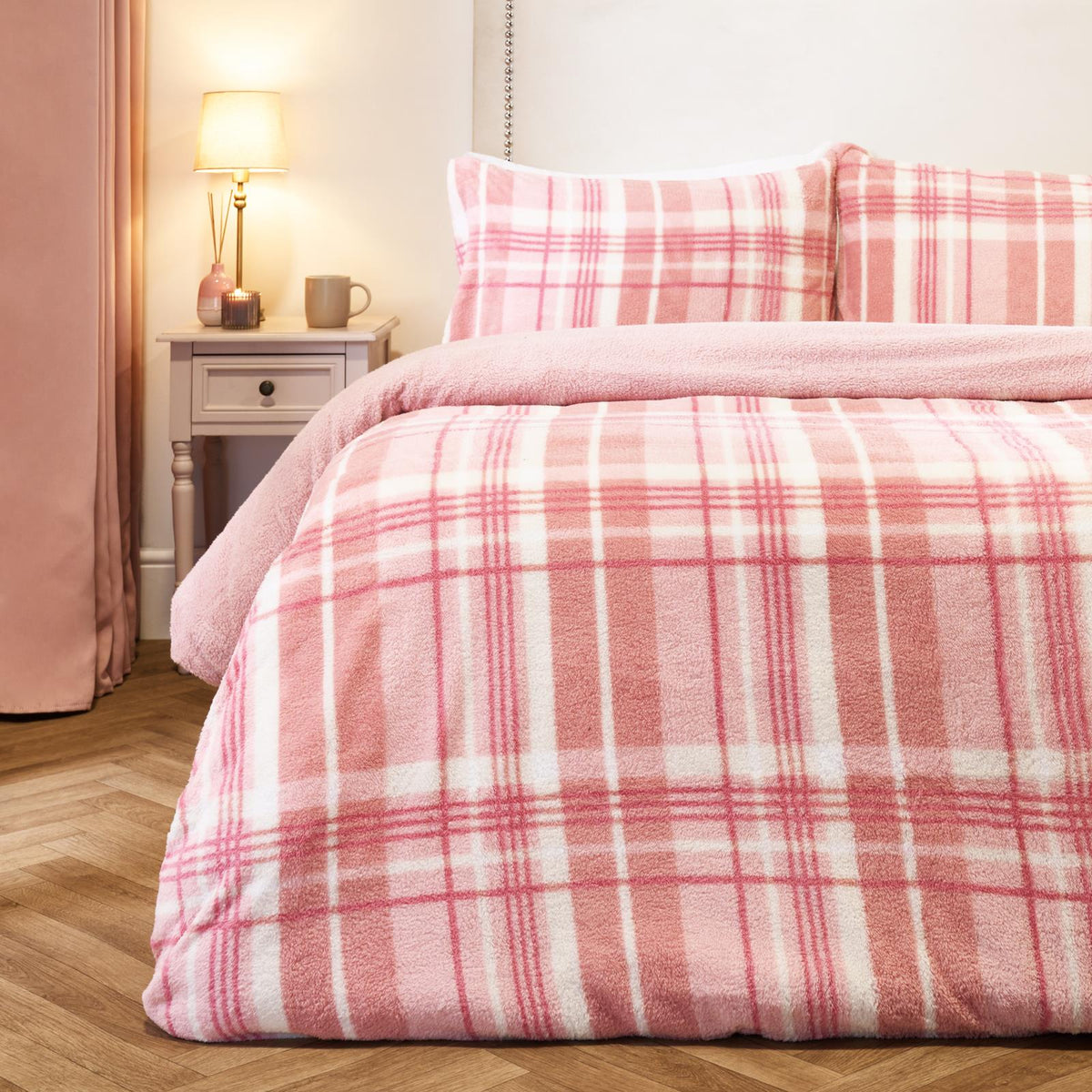 OHS Tartan Check Teddy Fleece Thermal Duvet Cover Bedding Set