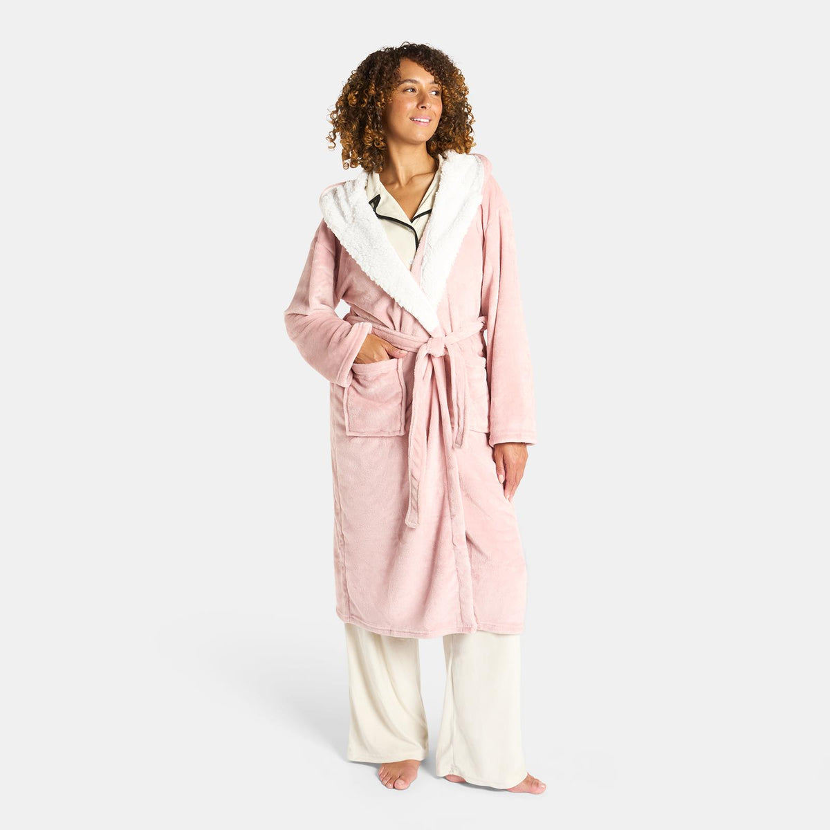 OHS Mens Dressing Gown Long Hooded Soft Flannel Fleece Sherpa Bathrobe Lounge