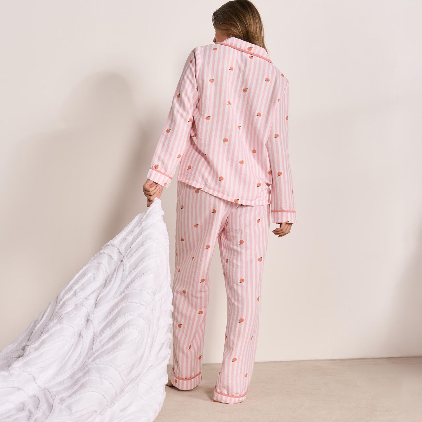 OHS Stripe Pyjama Set Womens Seersucker Button Through Soft Nightwear Loungewear
