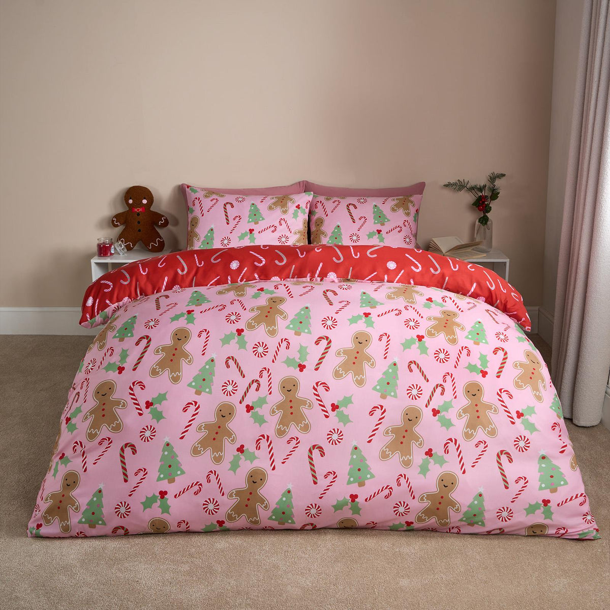 OHS Gingerbread Man Bedding Set Kids Xmas Reversible Duvet Cover with Pillowcase