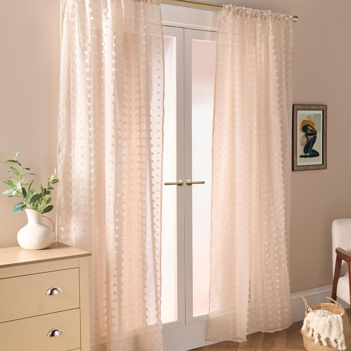 OHS Pompom Tufted Voile Net Curtains Pair 2 Window Panels Slot Top Set 55" Wide