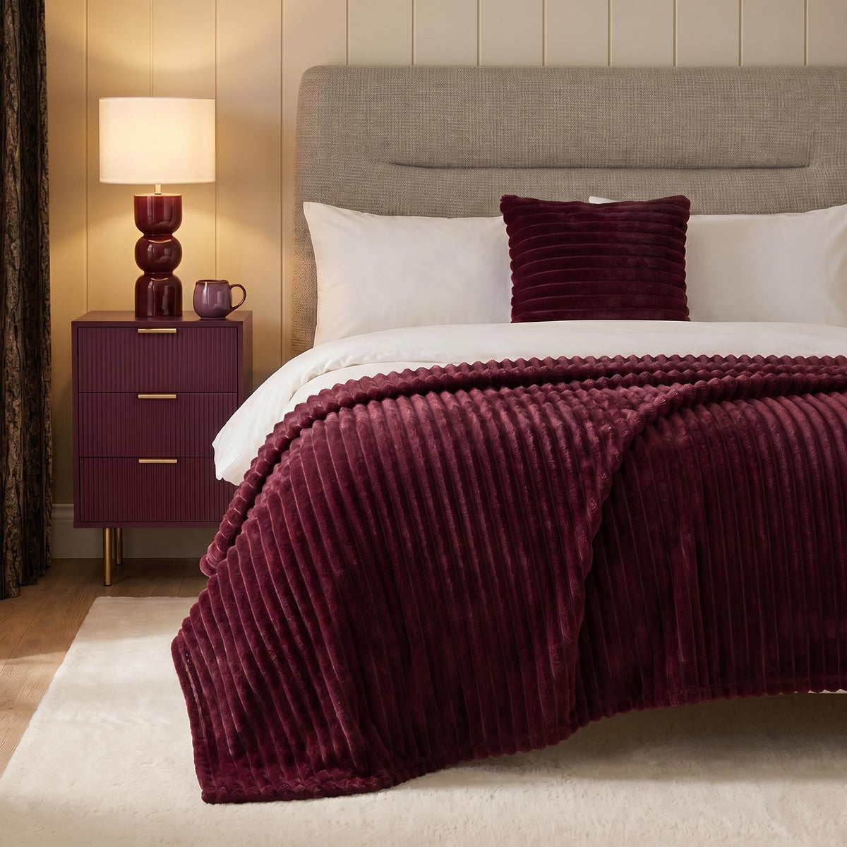 OHS Faux Fur Ribbed Fleece Throw Over Bed Blanket Warm Supersoft