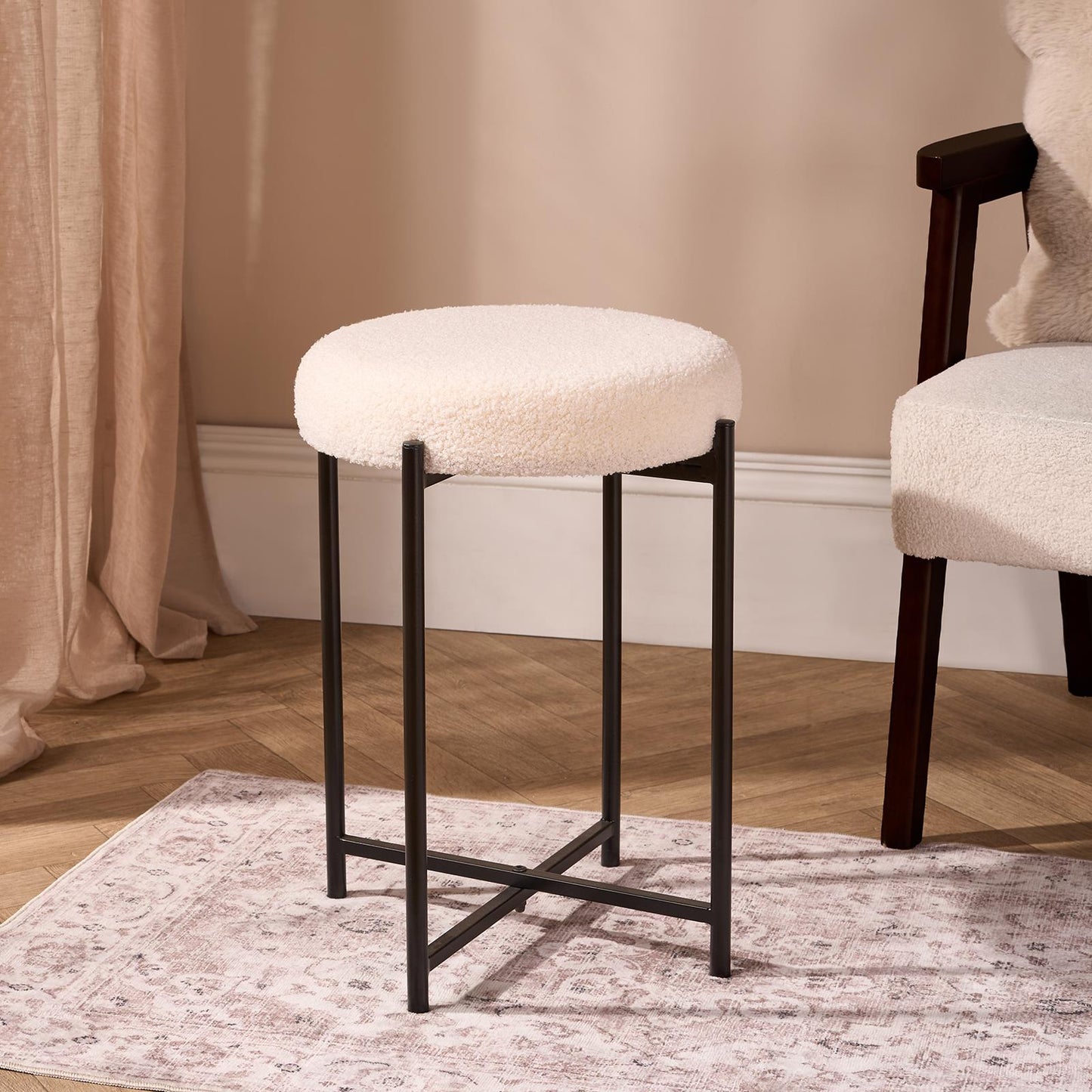 OHS Boucle Round Stool Upholstered Makeup Vanity Padded Seat Sturdy Table Chair