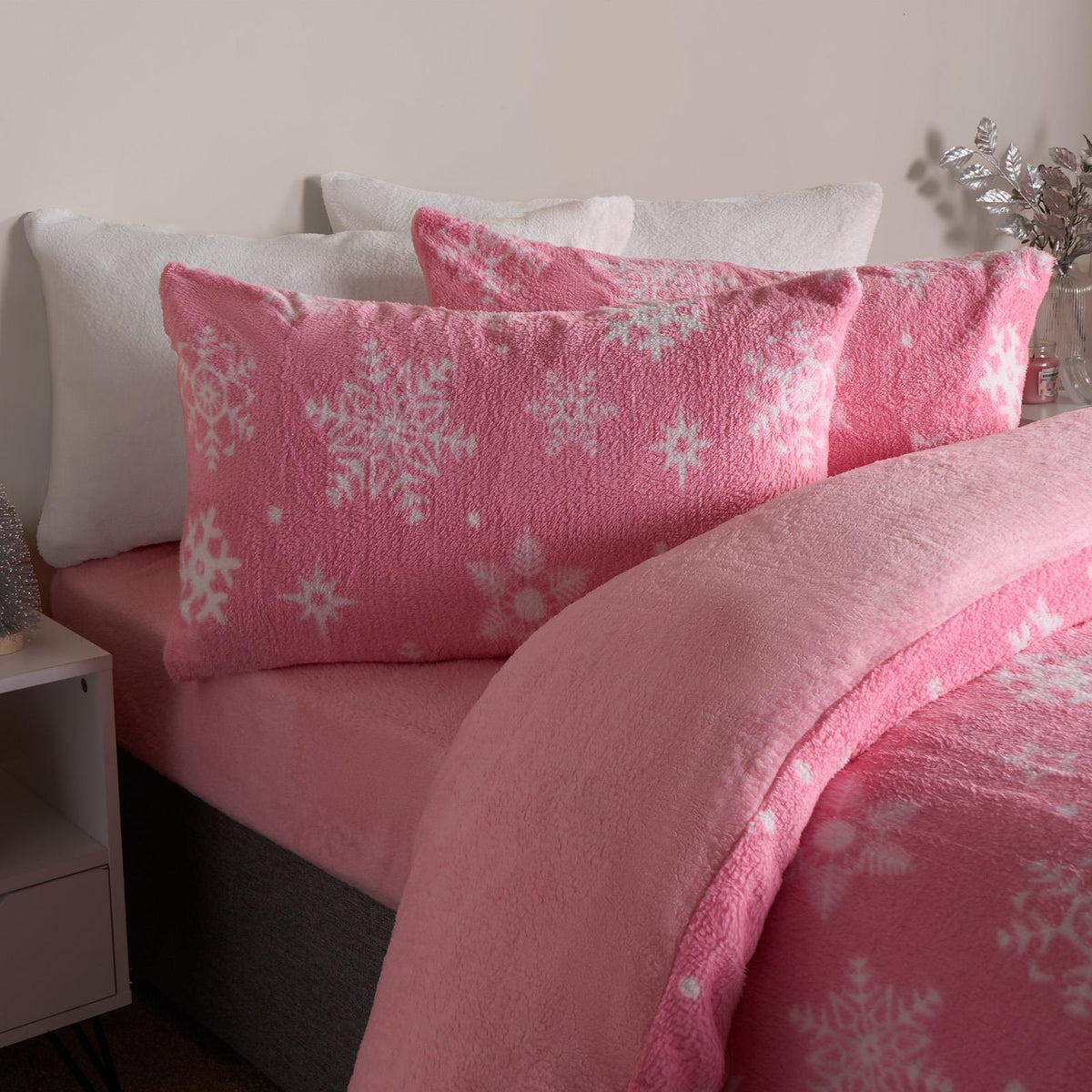 Snowflake Teddy Fleece Duvet Cover Bedding Set Winter Christmas Quilt Bed Soft