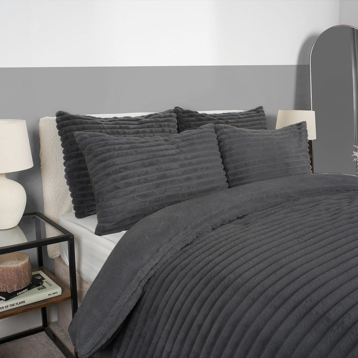 OHS Ribbed Fleece Bedding Set Soft Faux Fur Thermal Duvet Cover with Pillowcase