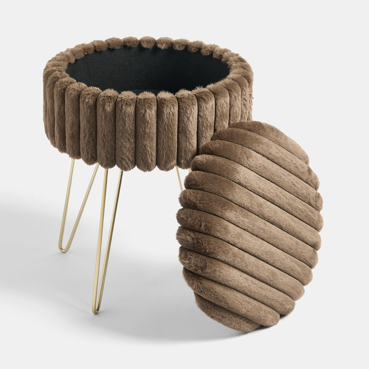 OHS Faux Fur Stool Hairpin Ribbed Fleece Round Vanity Seat Foot Rest Chair