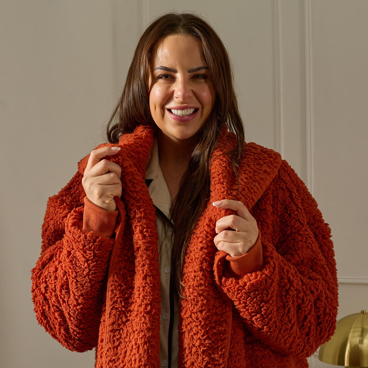 OHS Waterfall Cardigan Warm Teddy Fleece Open Front Wrap Loungewear Outwear