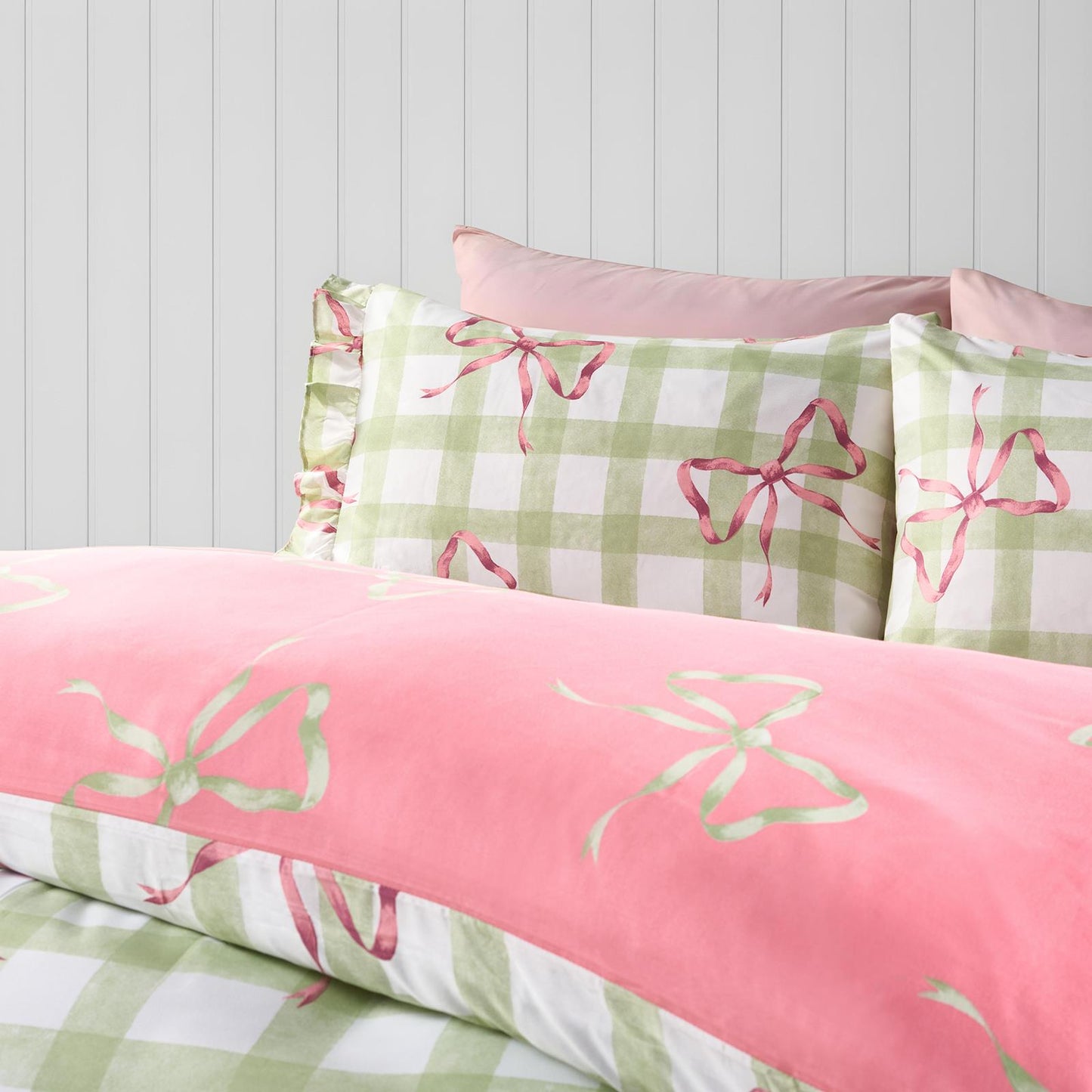 OHS Bow Gingham Bedding Set Microfibre Reversible Duvet Cover with Pillowcase