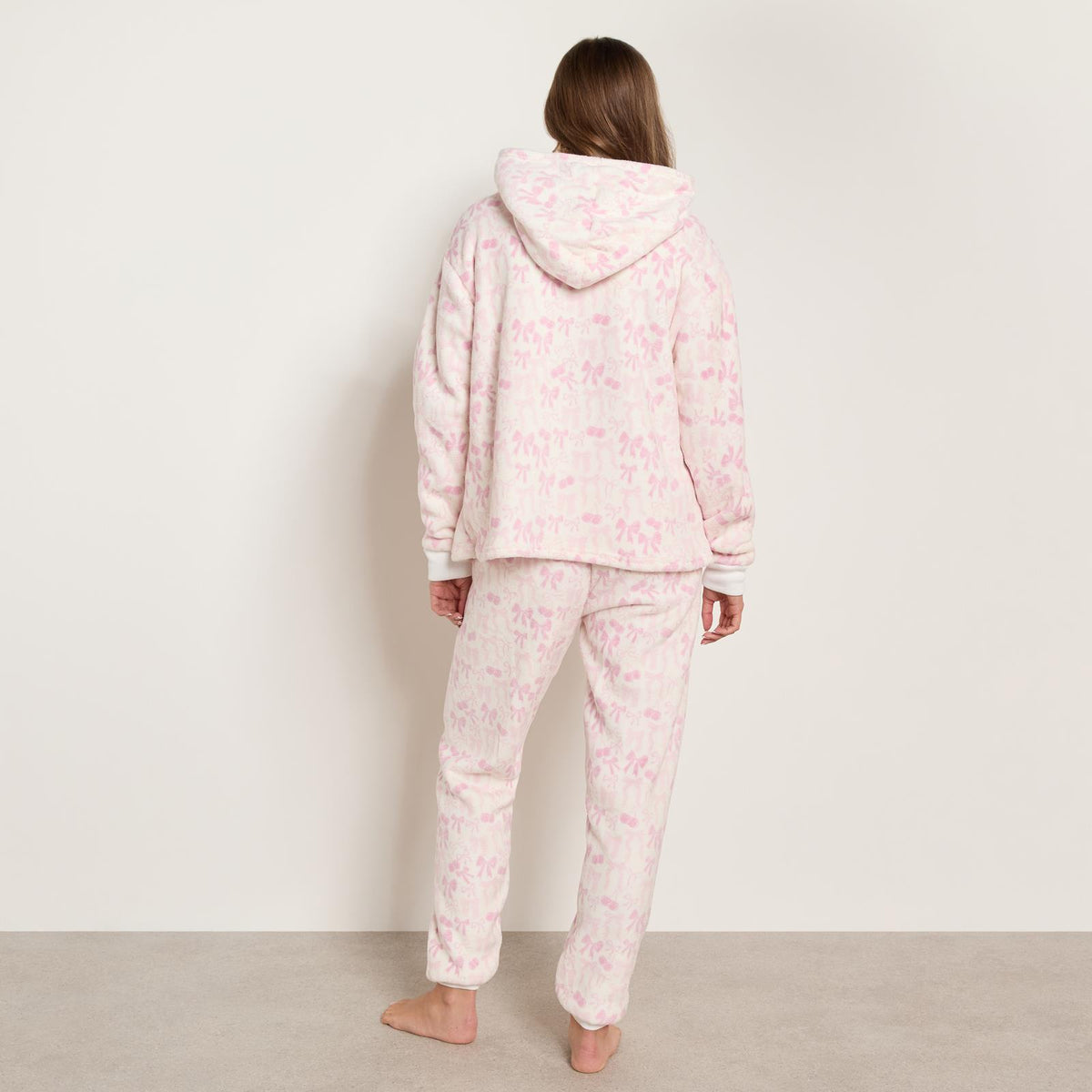 OHS Bow Print Loungewear Set Winter Sherpa Nightwear 2-Piece Hoodie Jogger Gift