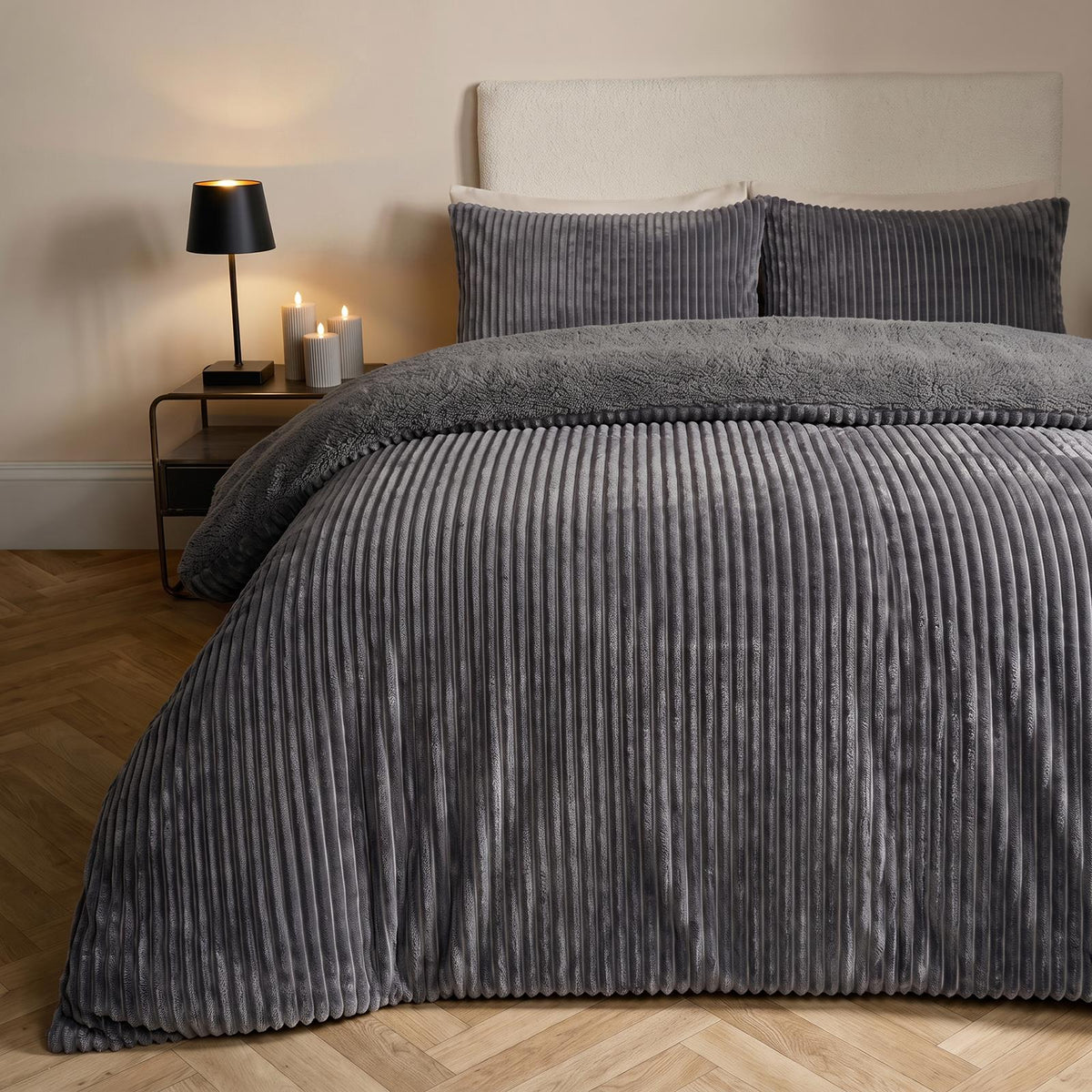 OHS Ribbed Fleece Duvet Cover Set Sherpa Reverse Thermal Supersoft Bedding