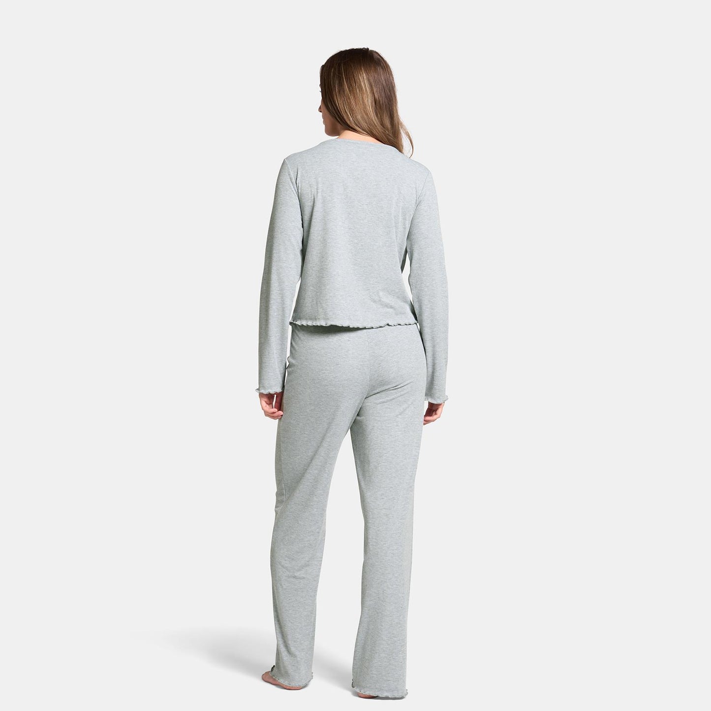 OHS Ribbed Jersey Pyjama Set Womens Lettuce Edge Sleepwear Nightwear Loungewear
