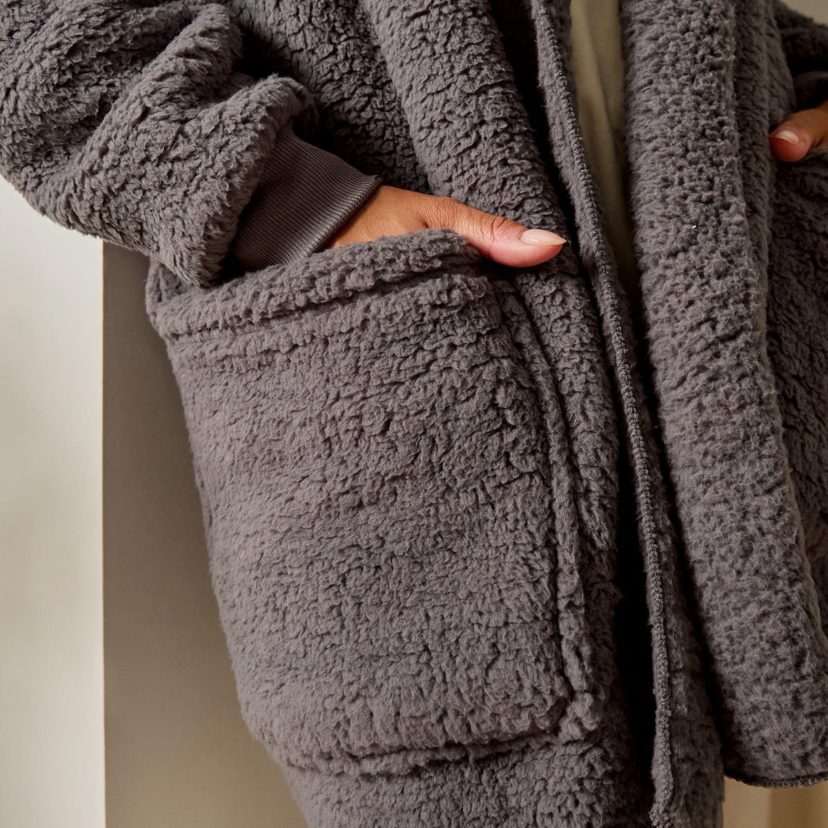 OHS Waterfall Cardigan Warm Teddy Fleece Open Front Wrap Loungewear Outwear