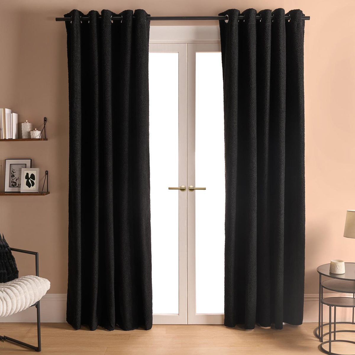 OHS Boucle Eyelet Curtains Blackout Pair Ready Made Ring Top Energy Saving