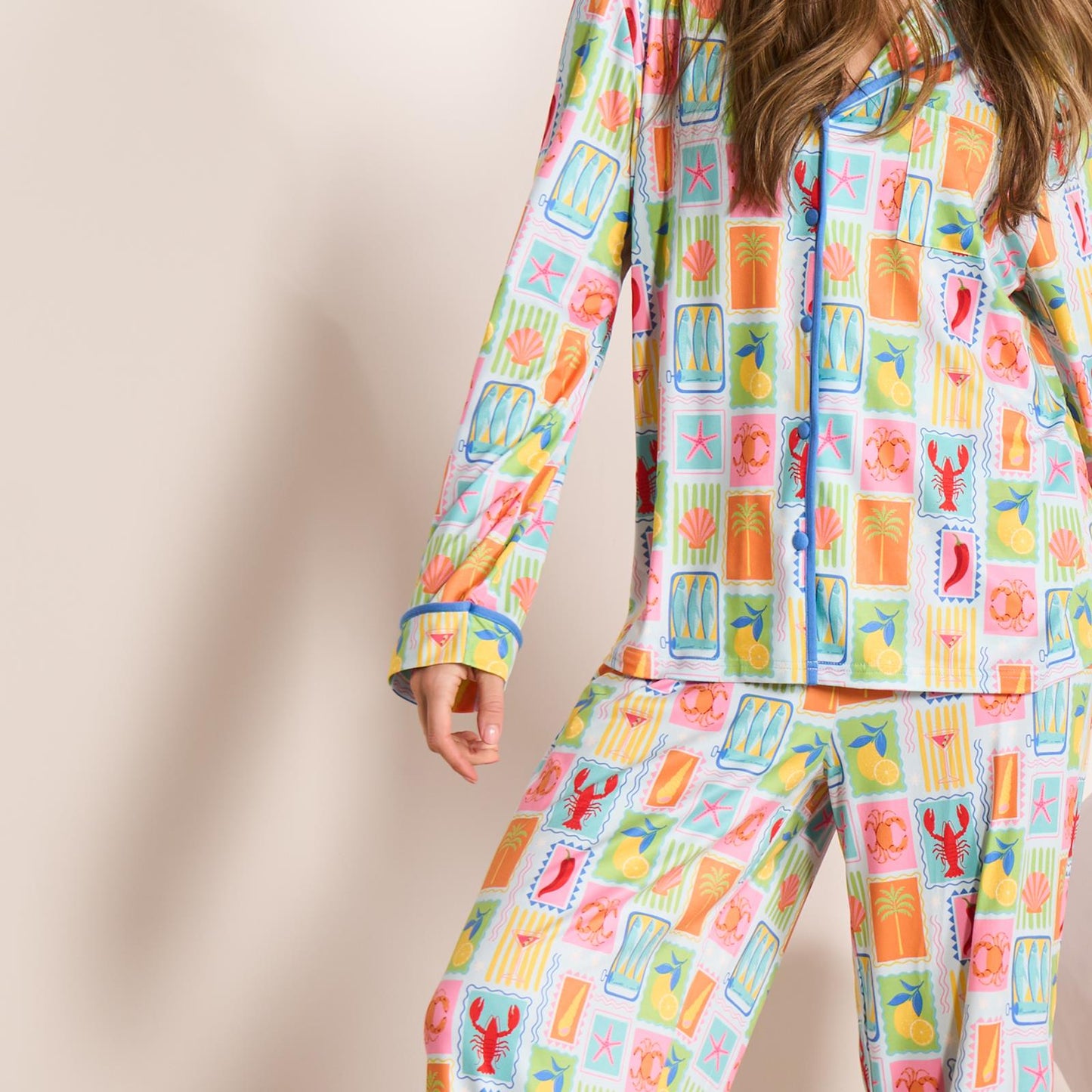 OHS Postcards Print Pyjama Set Womens Jersey Button Through Nightwear Loungewear
