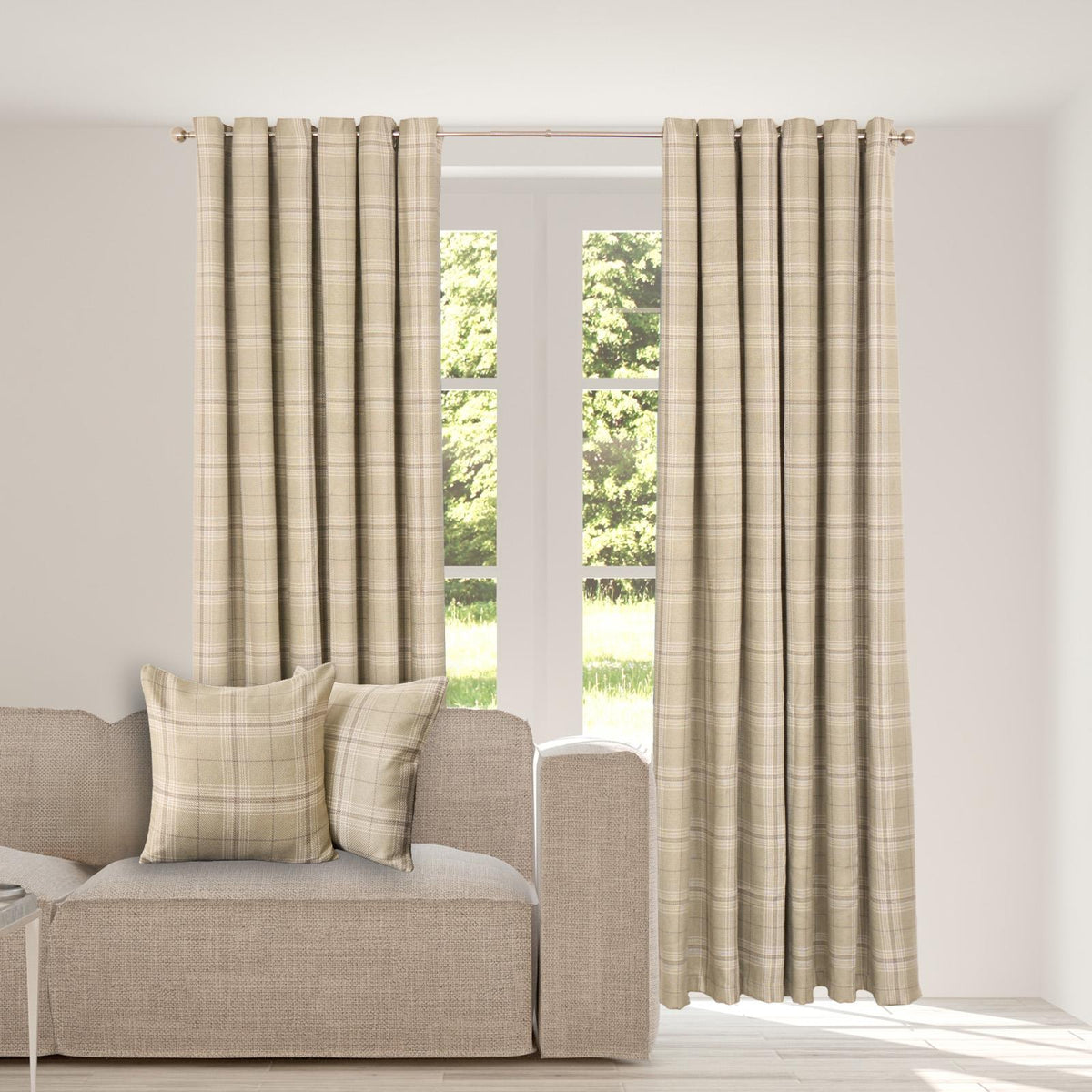 OHS Check Eyelet Curtains Pair Thermal Ring Top Textured Woven Ready Made
