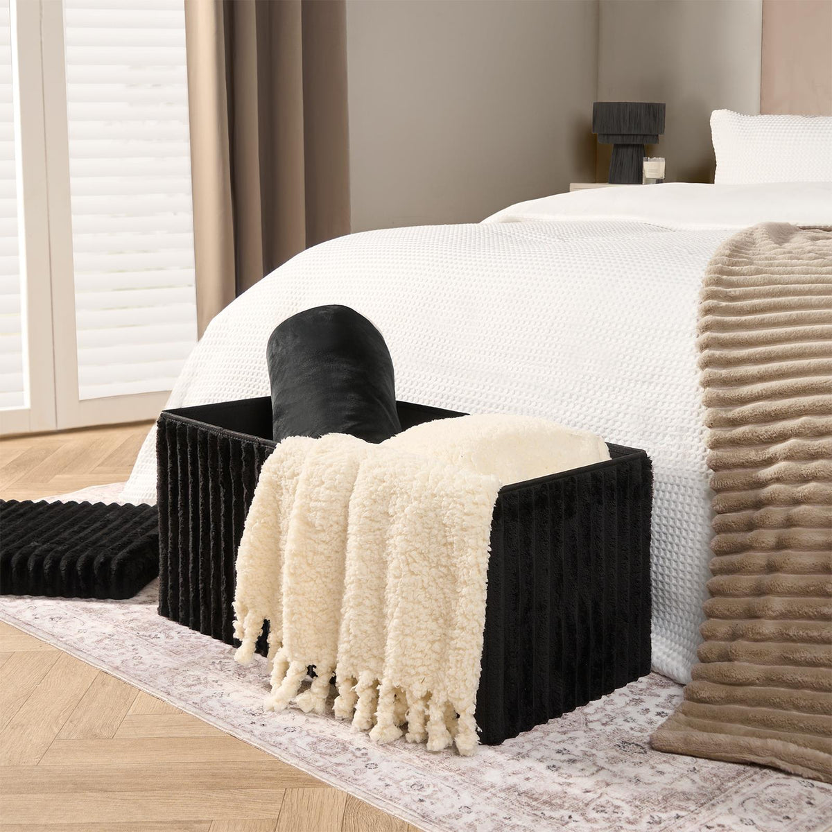 OHS Storage Box Lid Ottoman Folding Ribbed Fleece Footstool Tub Seat