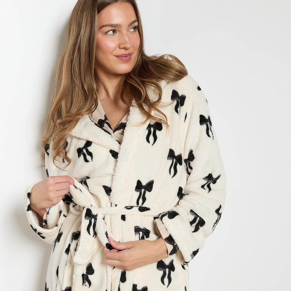 OHS Bows Dressing Gown Flannel Winter Sherpa Lined Loungewear Hooded Bathrobe