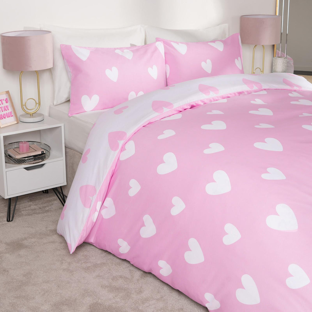 OHS Heart Print Duvet Cover with Pillowcase Quilt Reversible Bedding Set