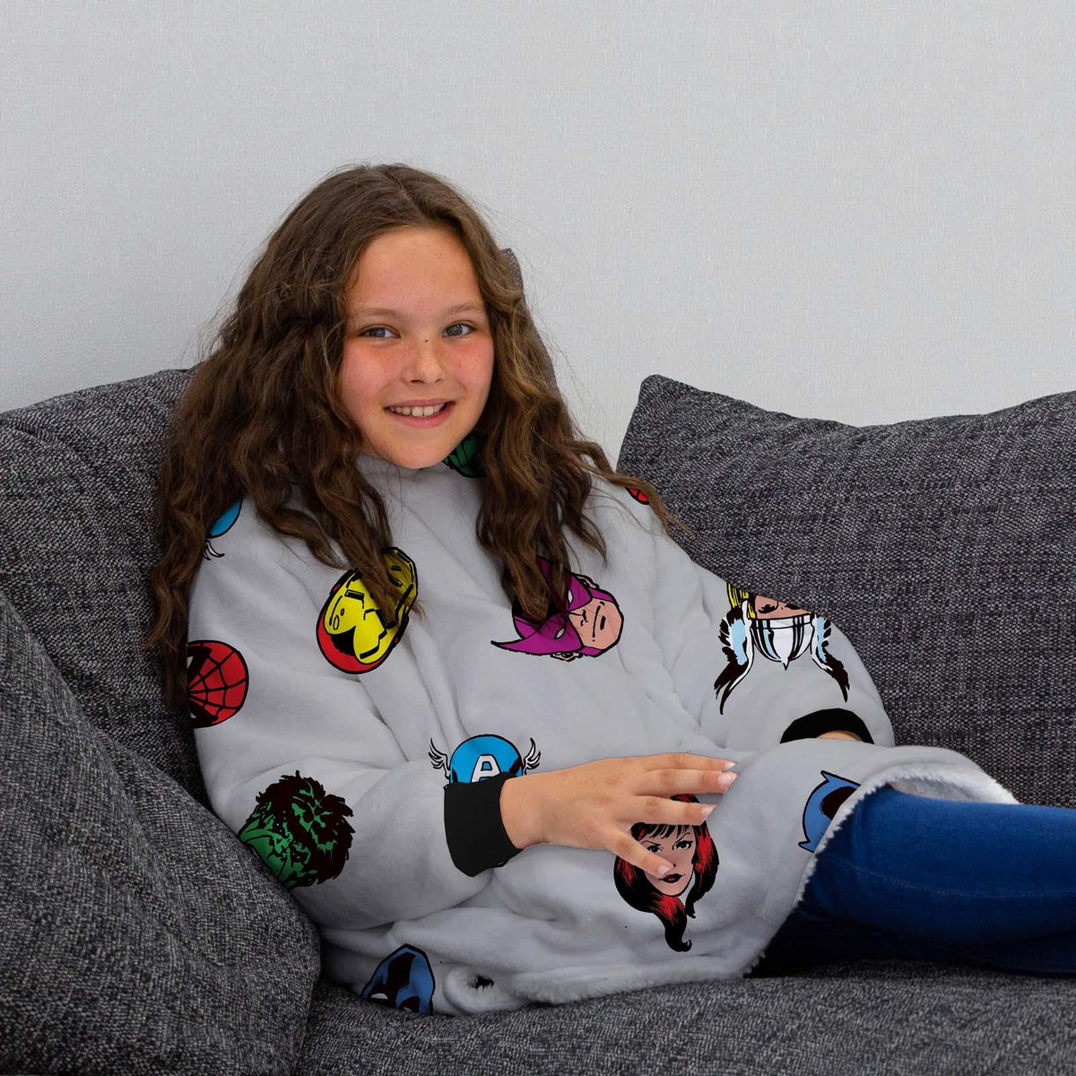 Marvel Comics Hoodie Blanket Sherpa Fleece Soft Oversized Jumper Throw, Grey