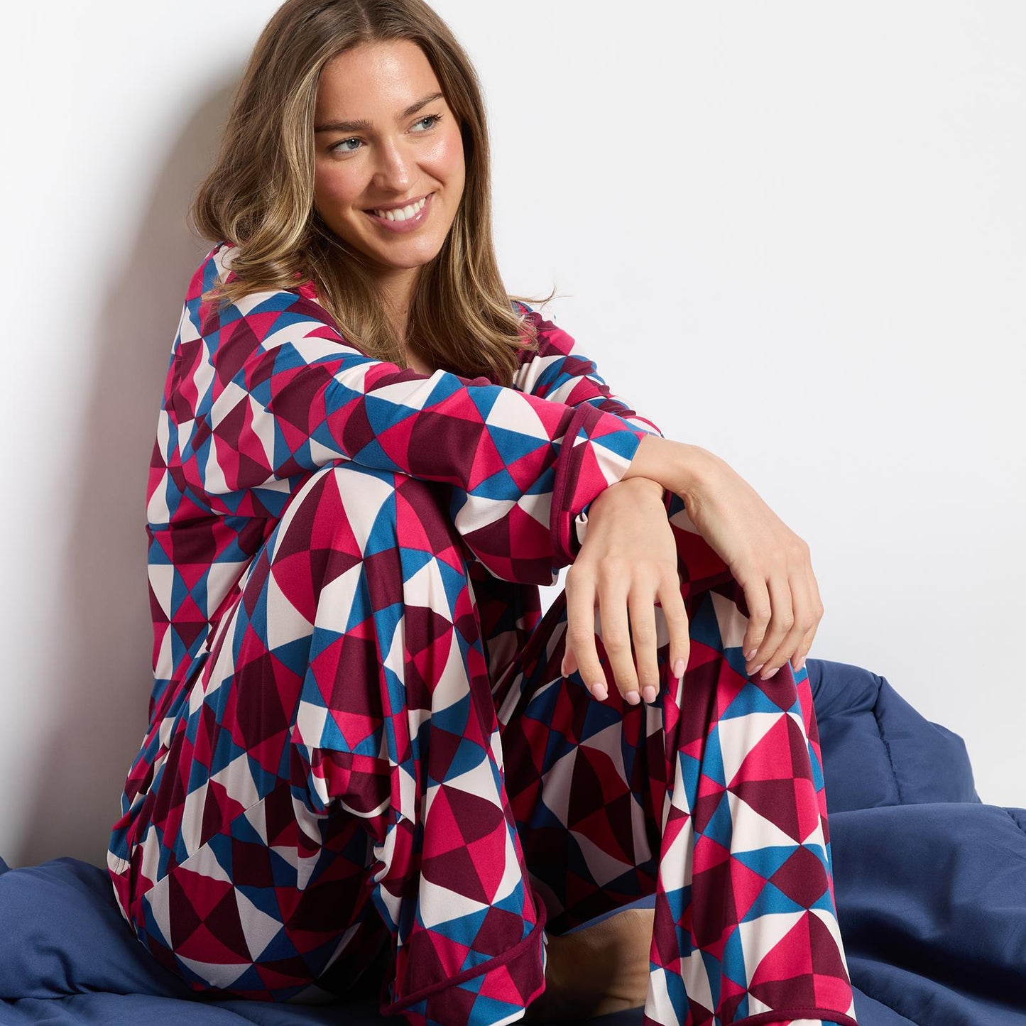 OHS Geo Print Pyjama Set Jersey Button Through Ultra Soft Nightwear Loungewear