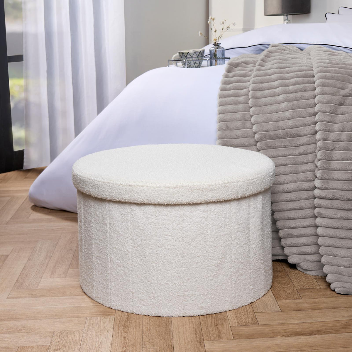 OHS Ottoman Boucle Storage Box Folding Footstool Cube Round Rectangle
