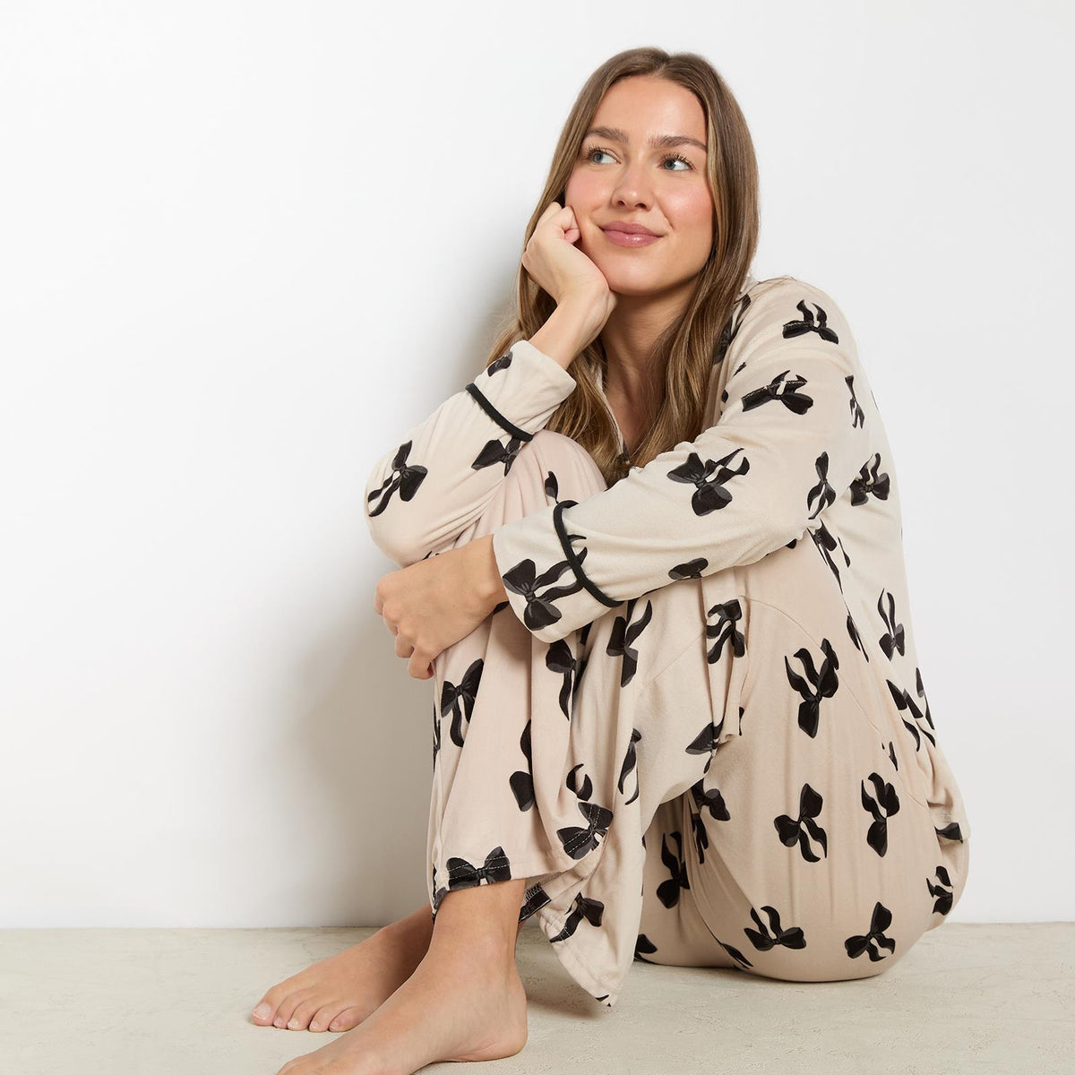 OHS Bows Pyjama Set Womens Button Through Baby Fleece Loungewear Nightwear