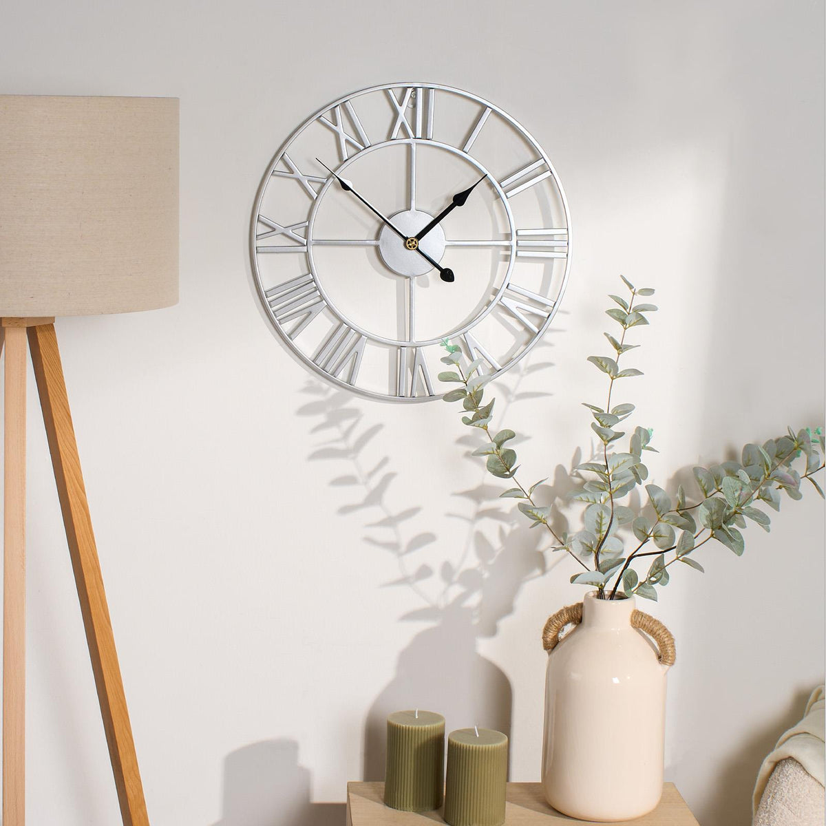Large Wall Clock Roman Numerals Skeleton Big Open Round Face Living Room Kitchen