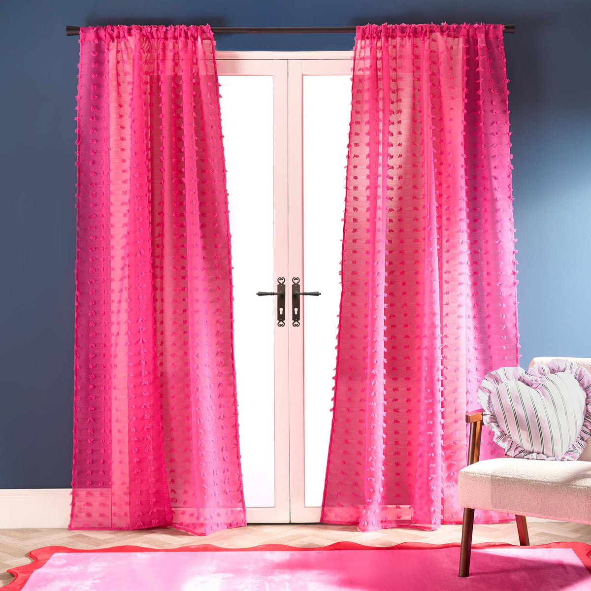 OHS Pompom Tufted Voile Net Curtains Pair 2 Window Panels Slot Top Set 55" Wide