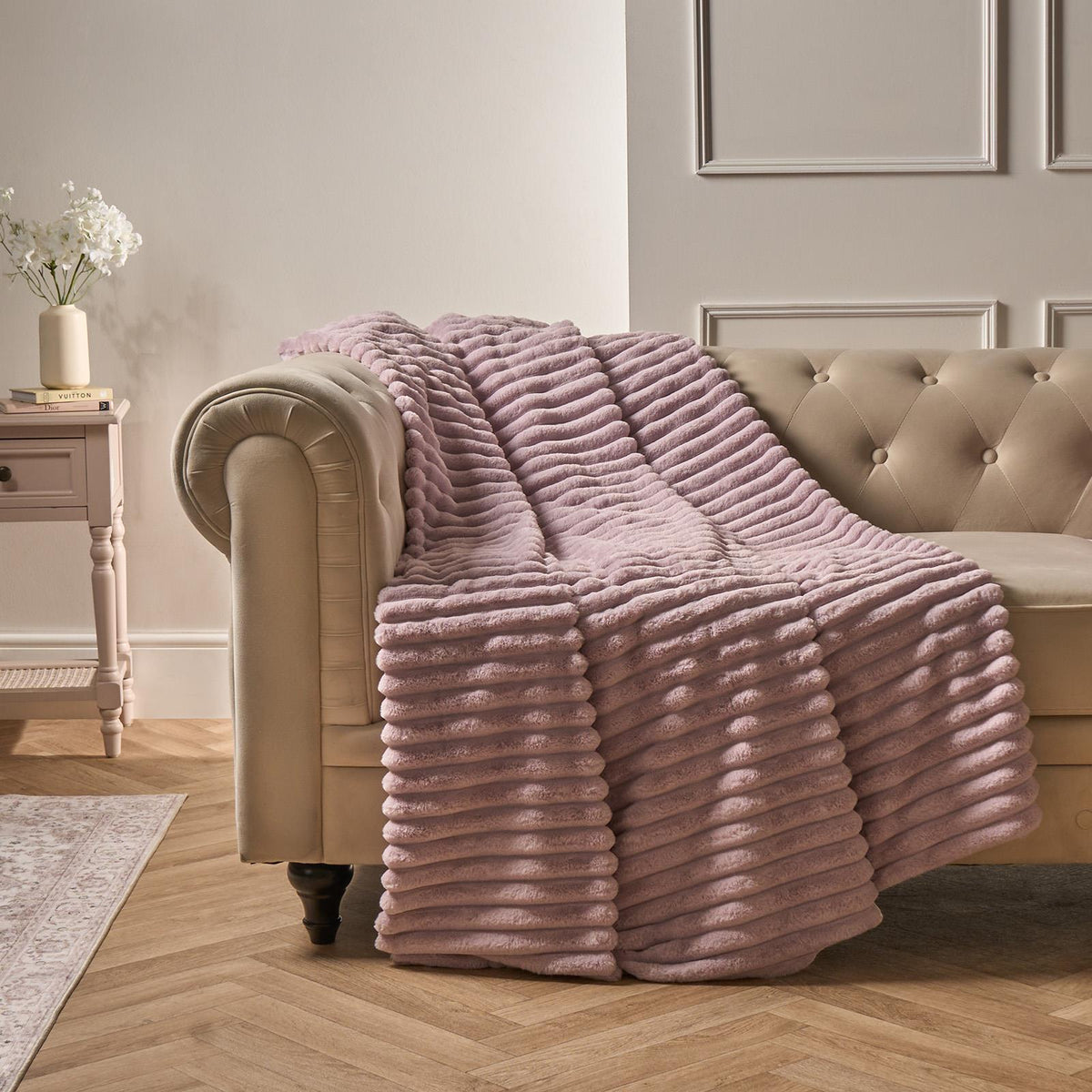 OHS Faux Fur Ribbed Fleece Throw Over Bed Blanket Warm Supersoft
