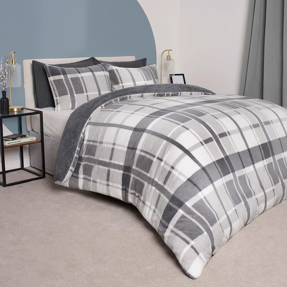 OHS Teddy Fleece Bedding Set Warm Winter Check Duvet Cover with Pillowcase