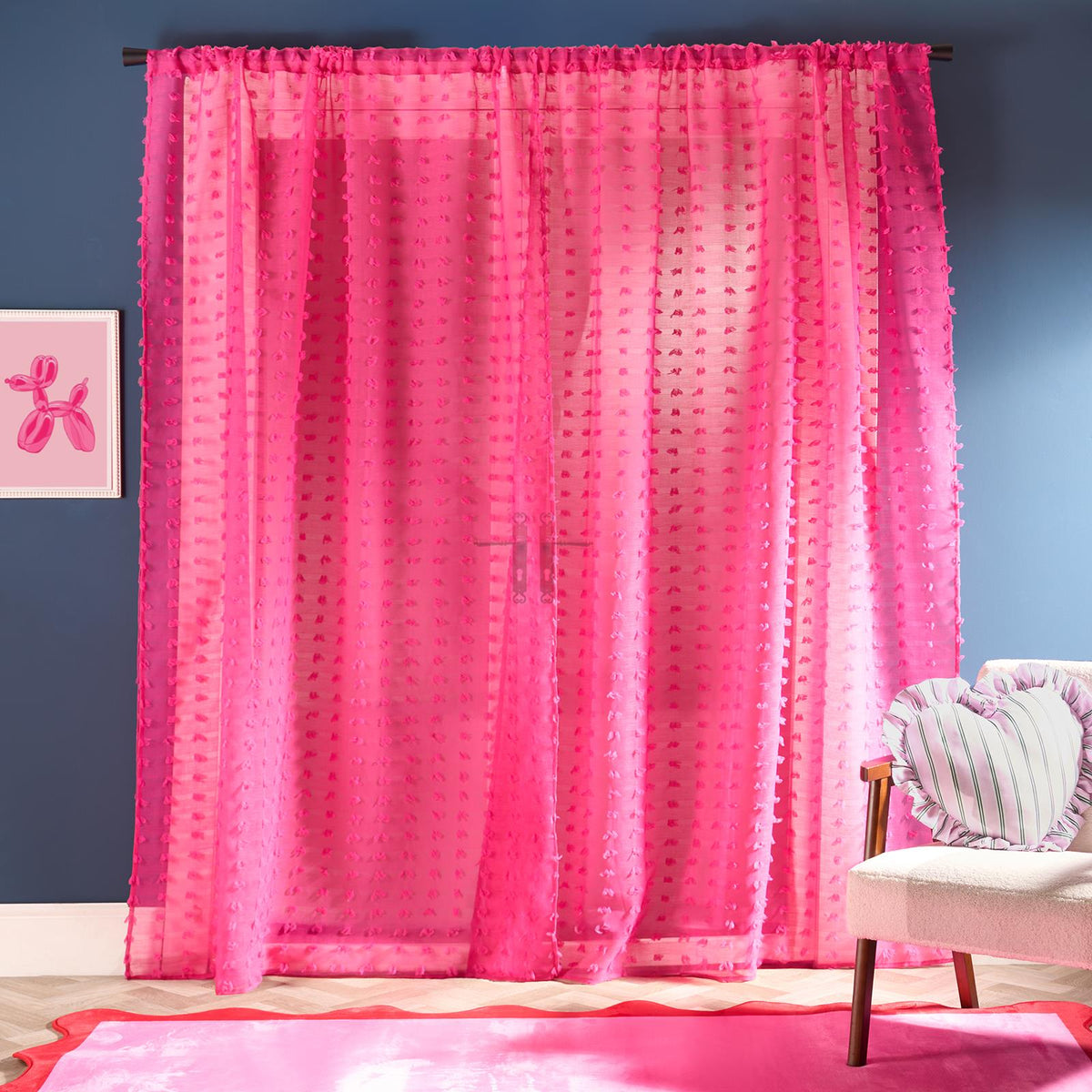 OHS Pompom Tufted Voile Net Curtains Pair 2 Window Panels Slot Top Set 55" Wide
