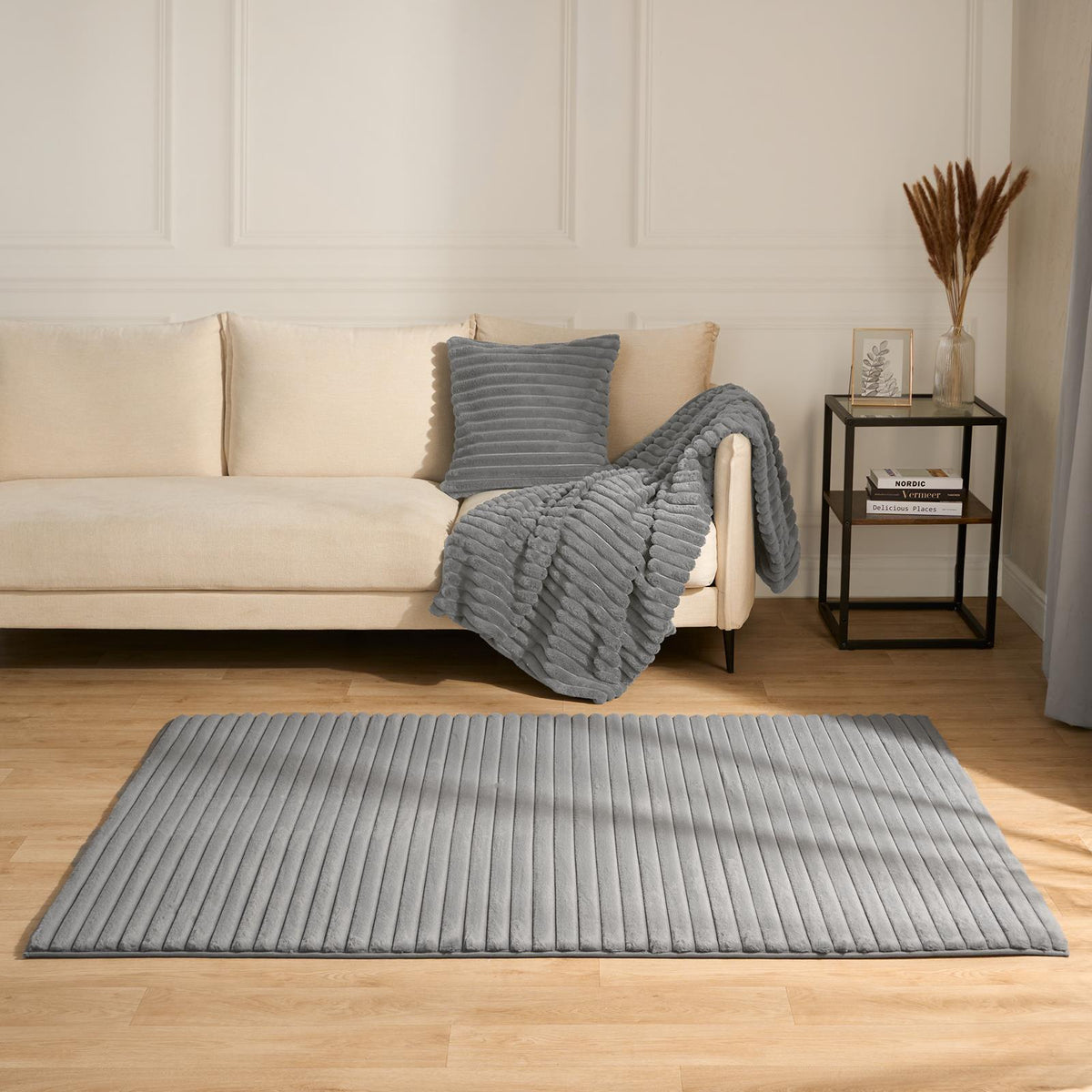Faux Fur Rug Living Room Ribbed Large Mat Luxury Carpet Anti Slip Floor Runner
