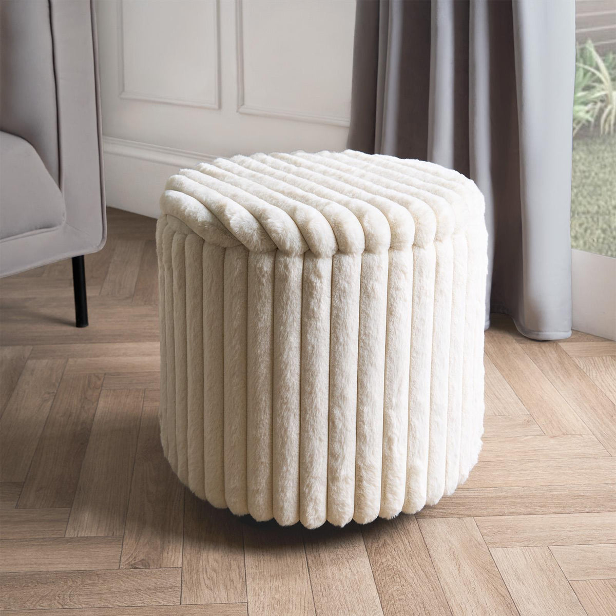 OHS Storage Box Lid Ottoman Folding Ribbed Fleece Footstool Tub Seat
