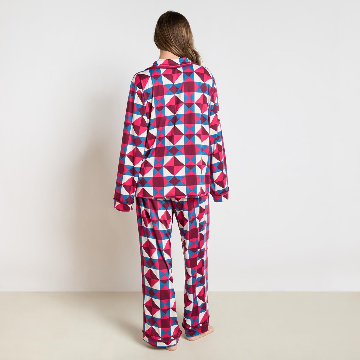 OHS Geo Print Pyjama Set Jersey Button Through Ultra Soft Nightwear Loungewear