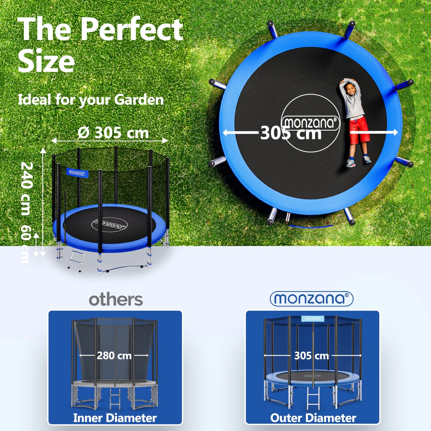 MONZANA® 6ft/8ft/10ft/12ft/14ft Trampoline Outdoor Set with Safety Net Ladder Heavy Duty Frame Cover Spring Tool for Kids Adults Garden Fitness Play Equipment Trampoline