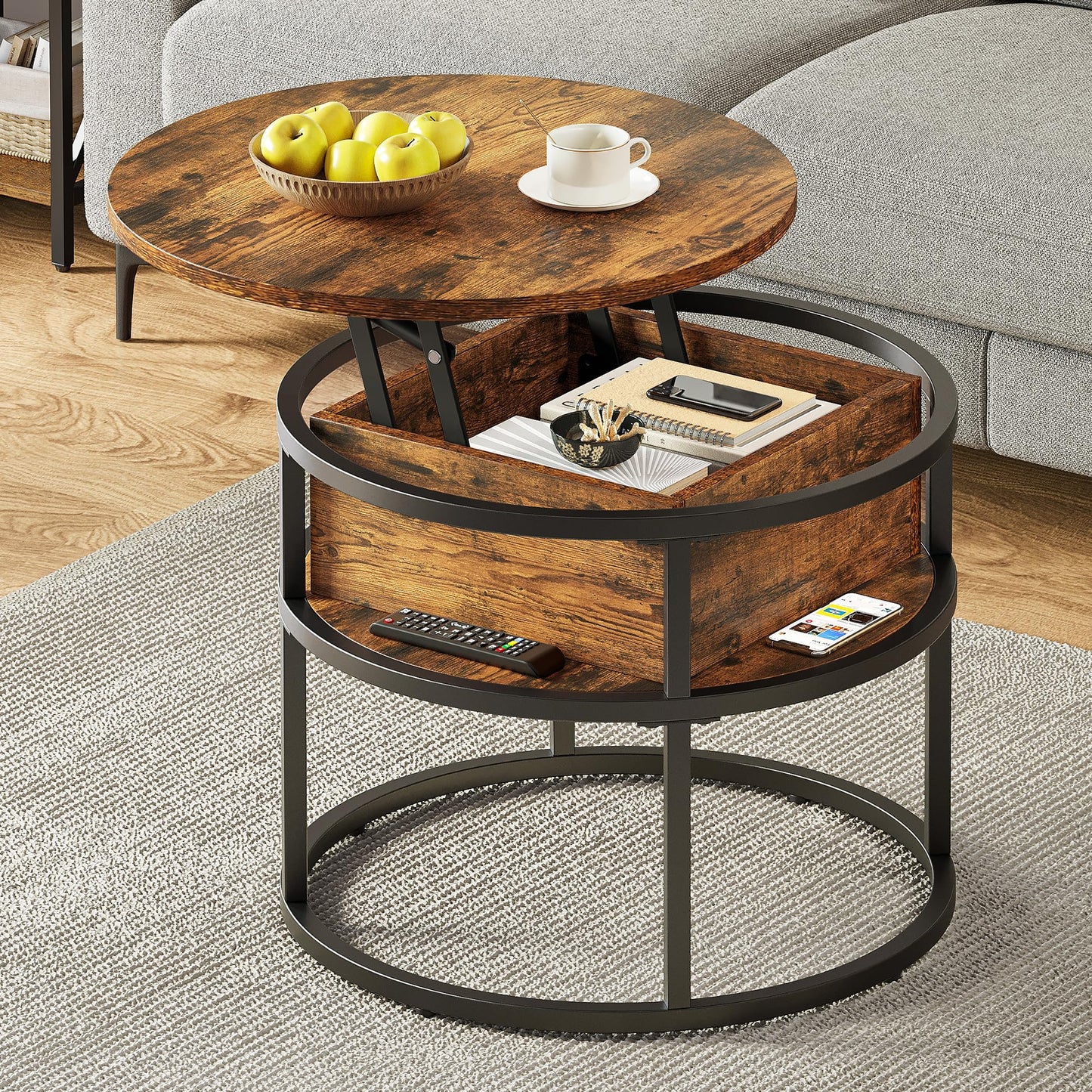 YITAHOME Coffee Table with Lift Top, lift up Coffee Table Round with Hidden Storage Compartment, 60x60x47cm