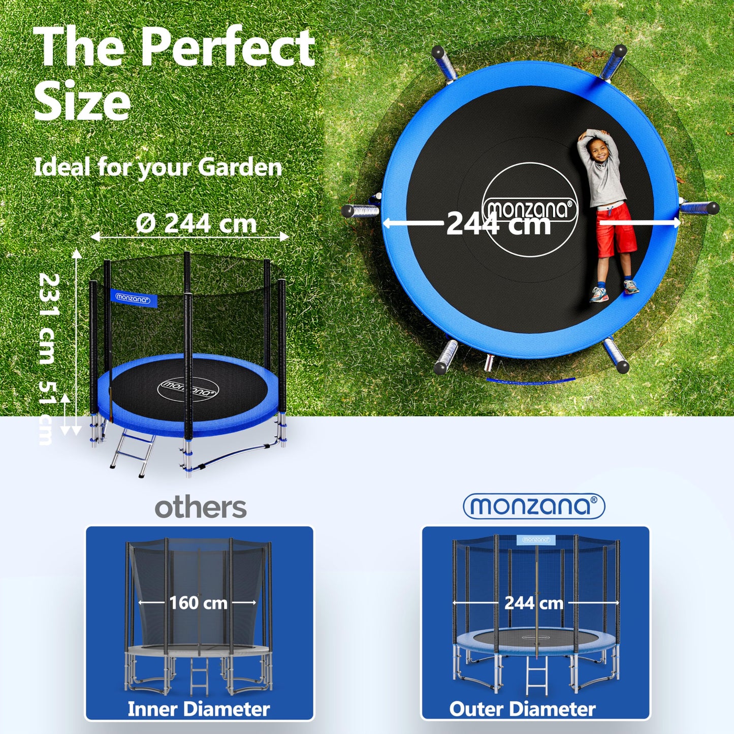 MONZANA® 6ft/8ft/10ft/12ft/14ft Trampoline Outdoor Set with Safety Net Ladder Heavy Duty Frame Cover Spring Tool for Kids Adults Garden Fitness Play Equipment Trampoline