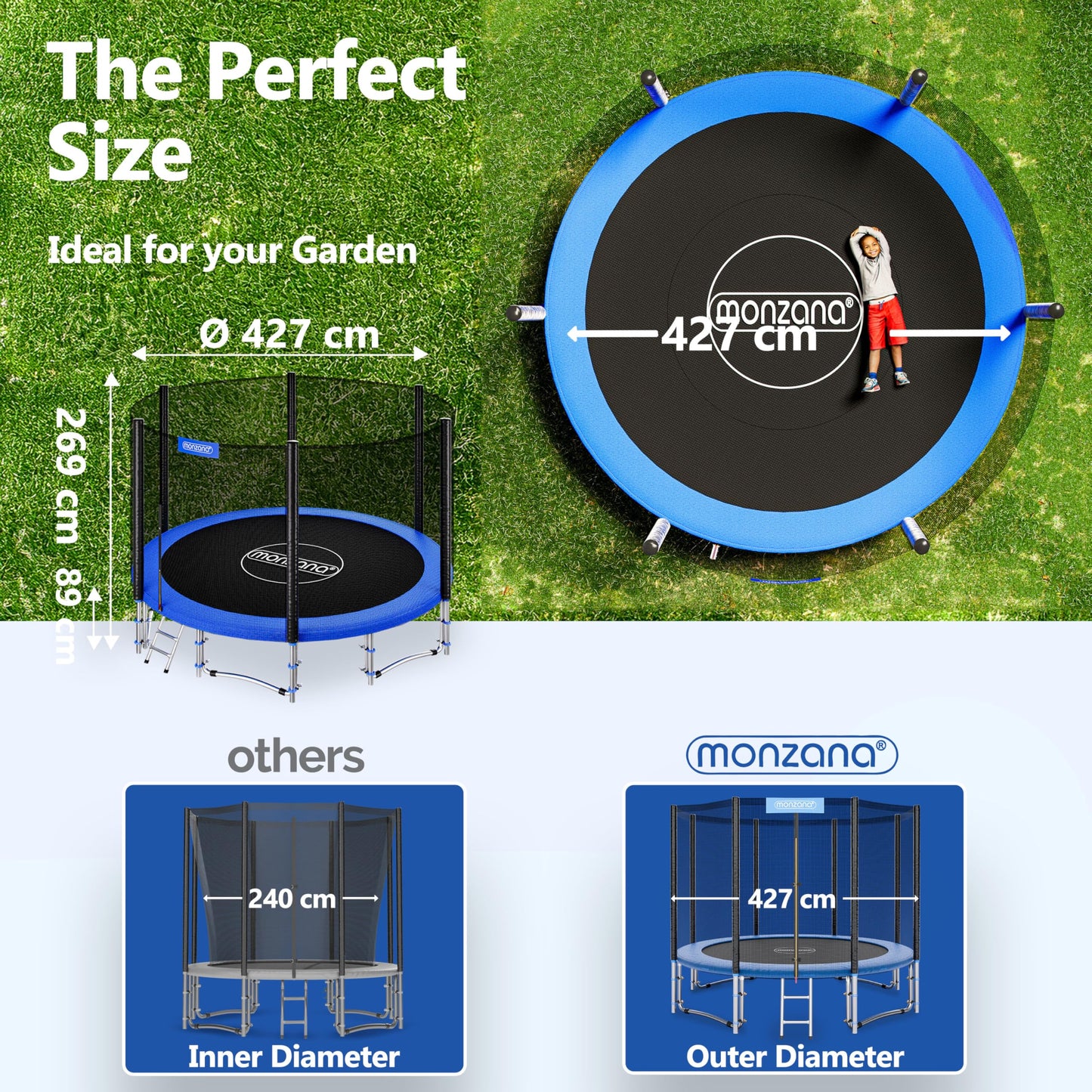 MONZANA® 6ft/8ft/10ft/12ft/14ft Trampoline Outdoor Set with Safety Net Ladder Heavy Duty Frame Cover Spring Tool for Kids Adults Garden Fitness Play Equipment Trampoline