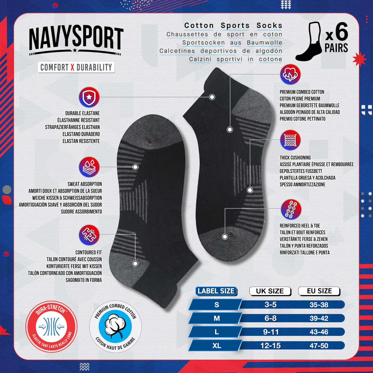 NAVYSPORT Men's Cotton Sports Socks, Pack of 6 Pairs