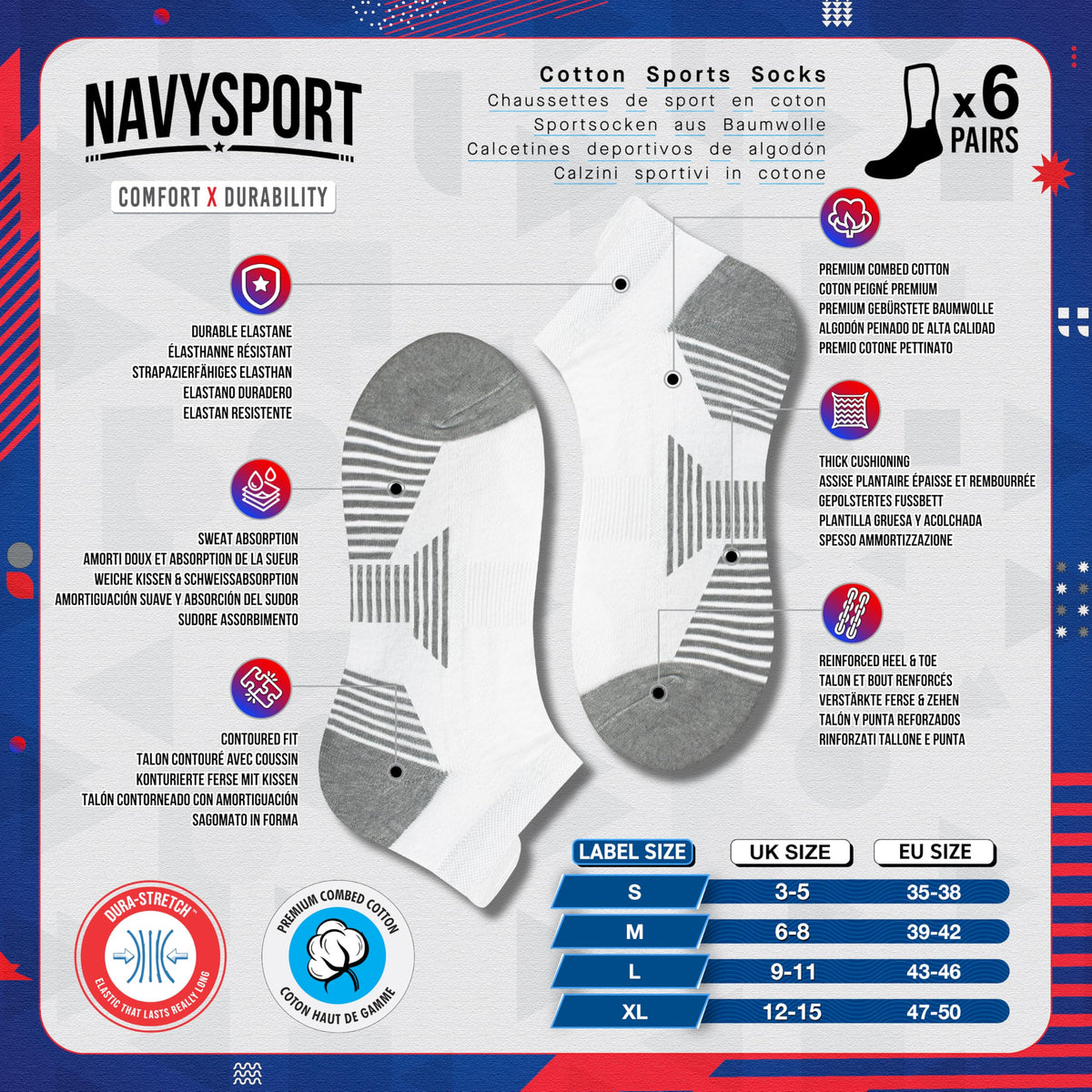 NAVYSPORT Men's Cotton Sports Socks, Pack of 6 Pairs