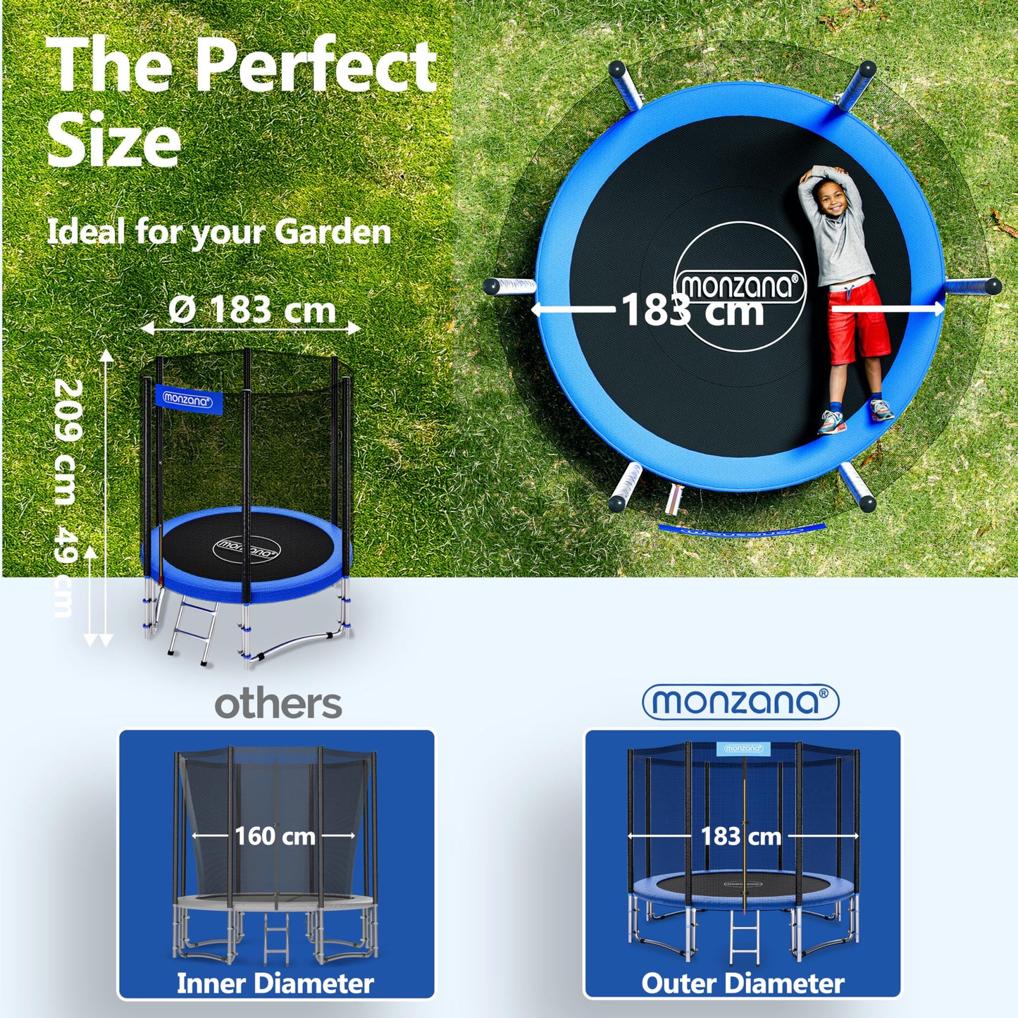 MONZANA® 6ft/8ft/10ft/12ft/14ft Trampoline Outdoor Set with Safety Net Ladder Heavy Duty Frame Cover Spring Tool for Kids Adults Garden Fitness Play Equipment Trampoline