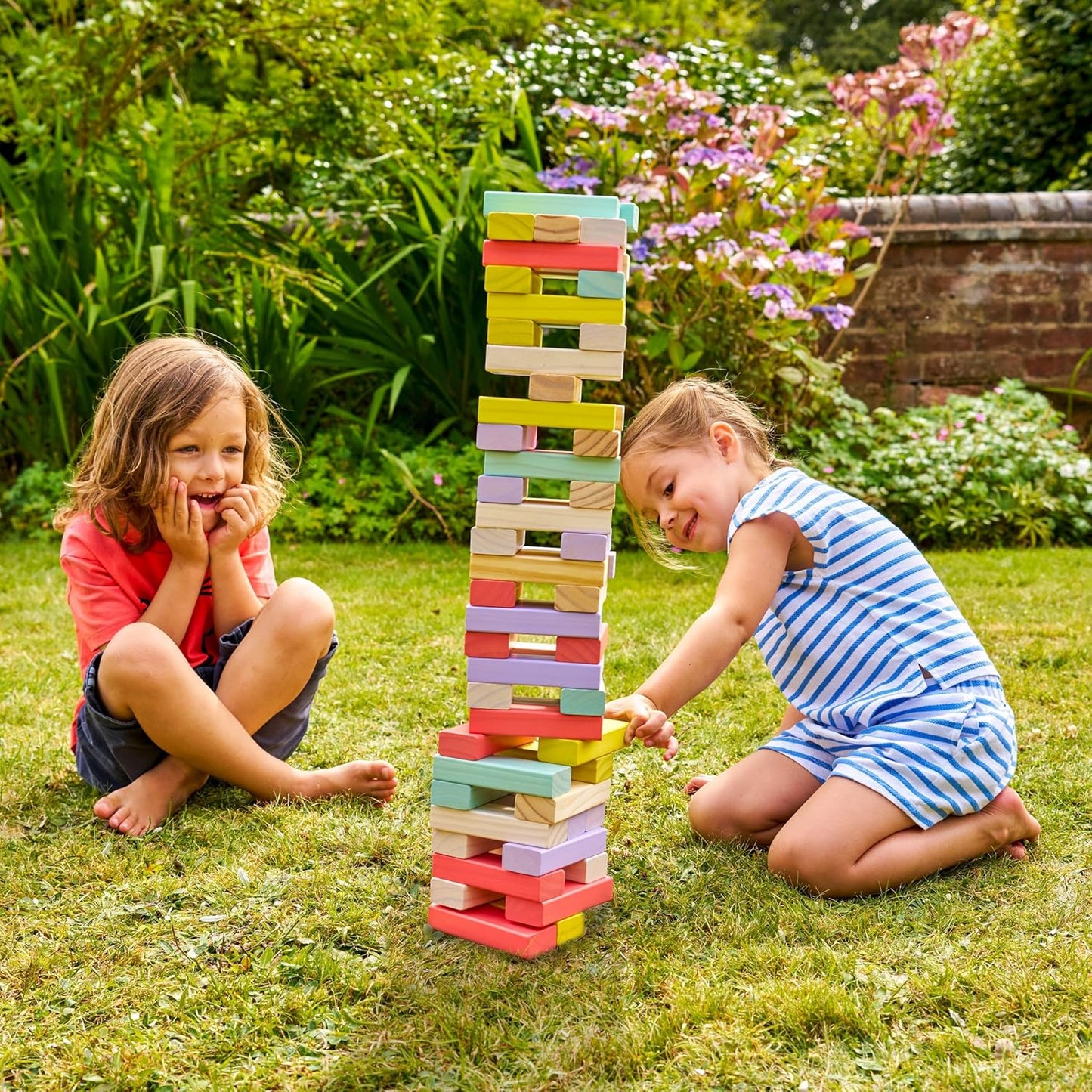 TP Toys Giant Wooden Tumble Tower FSC Certified Classic Tumbling Game with 60 Pastel Blocks & Matching Dice for Family Indoor & Outdoor Fun, Wood