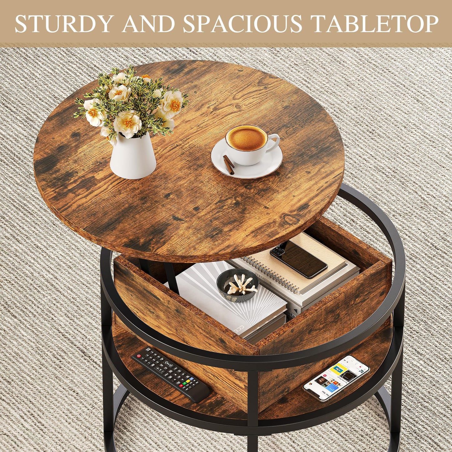 YITAHOME Coffee Table with Lift Top, lift up Coffee Table Round with Hidden Storage Compartment, 60x60x47cm