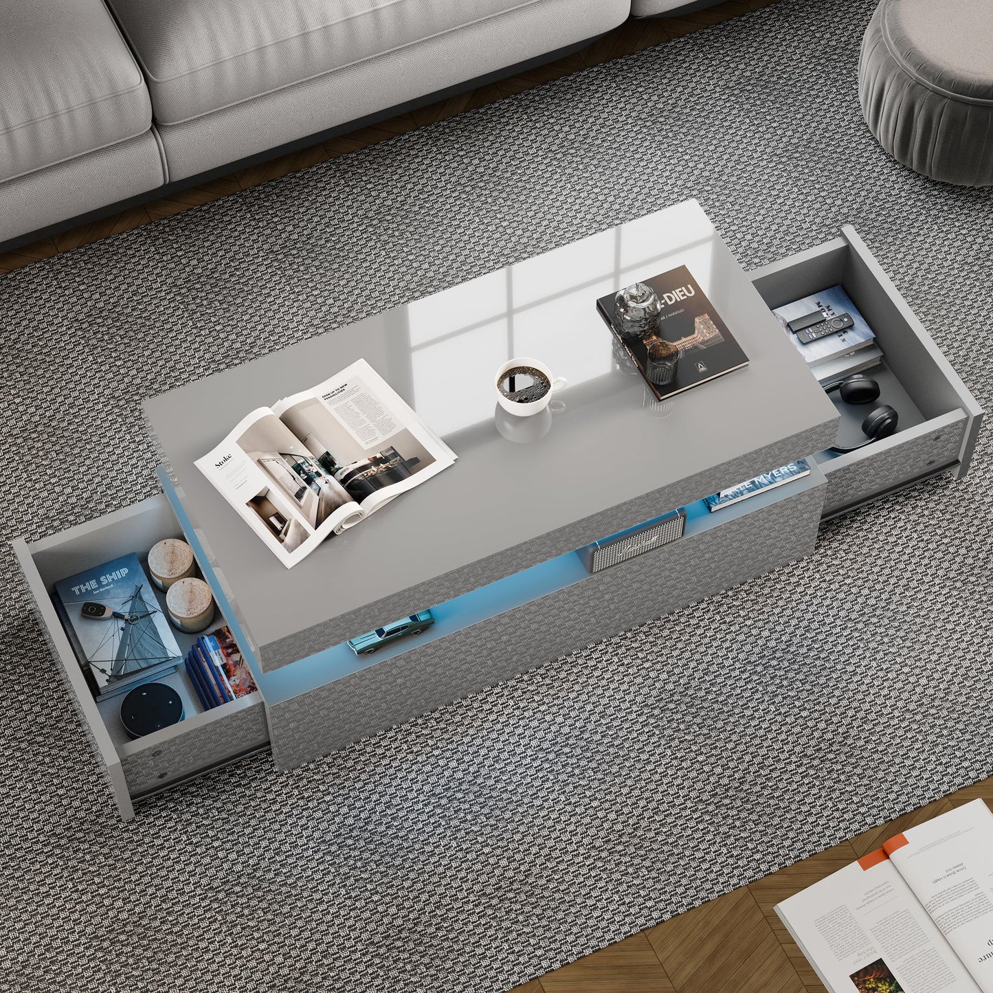 Blisswood High Gloss Coffee Table for Living Room, Rectangle Centre Table with 2 Drawer Storage, Modern Wooden Tea Table with LED RGB Lights for Home, Office & Living Room Furniture - White