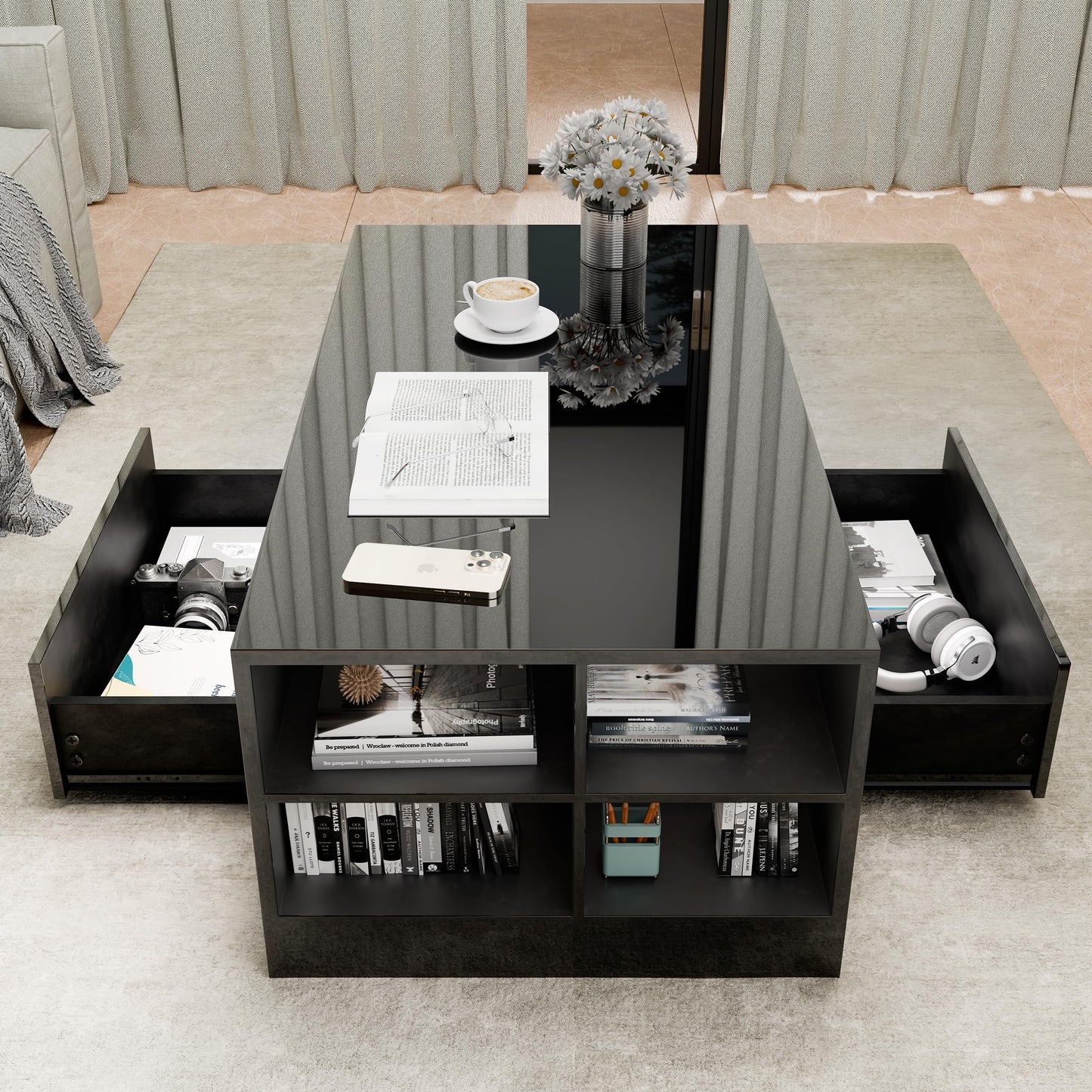 Blisswood Led Coffee Table with 2 Drawer Storage, High Gloss Coffee Table for Living Room Wooden Centre Table with RGB Led Lights Rectangle Tea Table for Living Room Furniture, Black