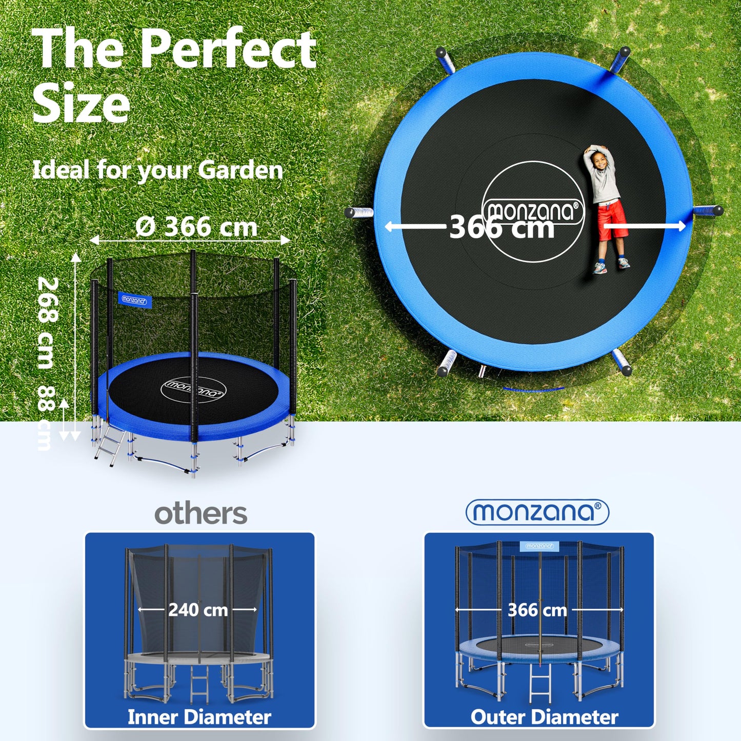 MONZANA® 6ft/8ft/10ft/12ft/14ft Trampoline Outdoor Set with Safety Net Ladder Heavy Duty Frame Cover Spring Tool for Kids Adults Garden Fitness Play Equipment Trampoline