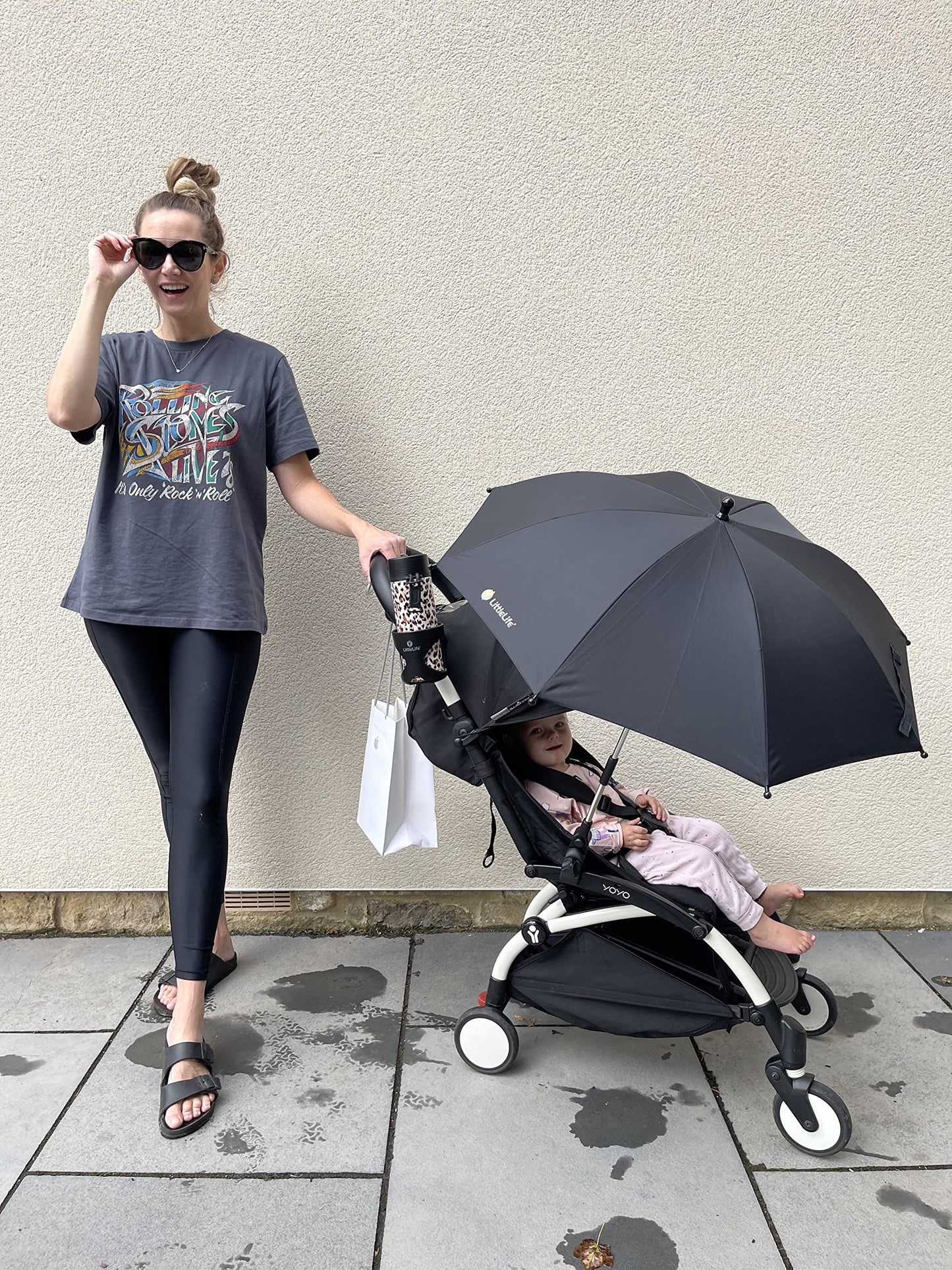 LittleLife Baby Sun Parasol UPF50+ | Universal Pushchair & Buggy Umbrella, Adjustable 360° Shade for Safe Summer Walks, Black