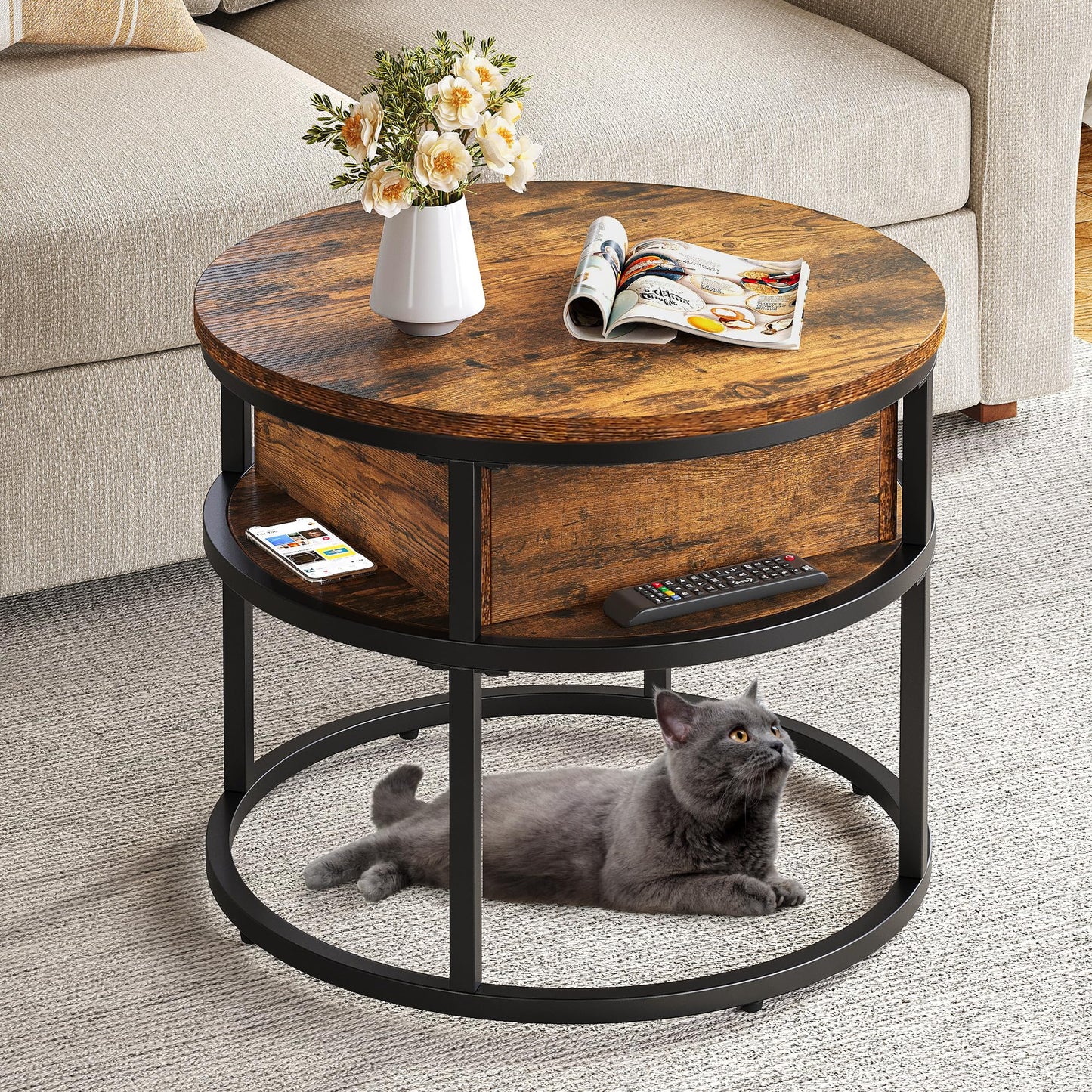 YITAHOME Coffee Table with Lift Top, lift up Coffee Table Round with Hidden Storage Compartment, 60x60x47cm