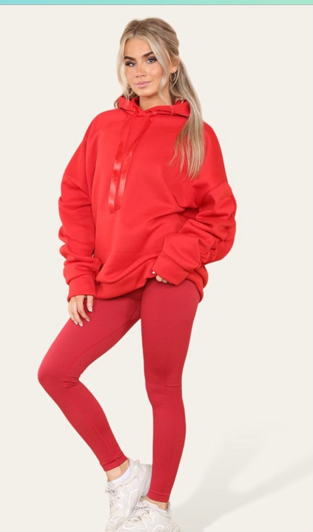 Women’s 2 Pcs Ruched Sleeve Hoodie Jumper With Silk Ribbon