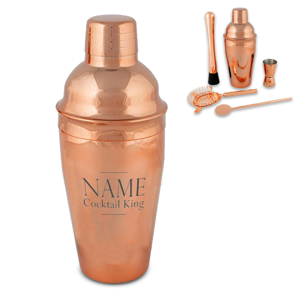 Engraved Rose Gold Cocktail Shaker Set with Cocktail King Design Image 1